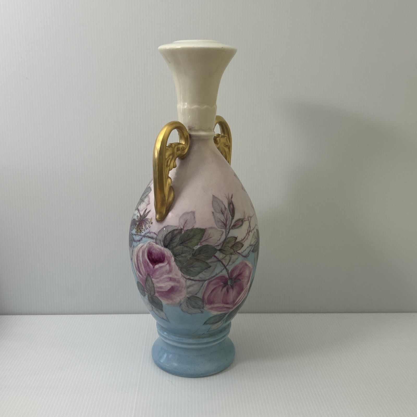Vintage Nippon Hand Painted Porcelain Vase Gilded Gold Double Handles Pink Roses