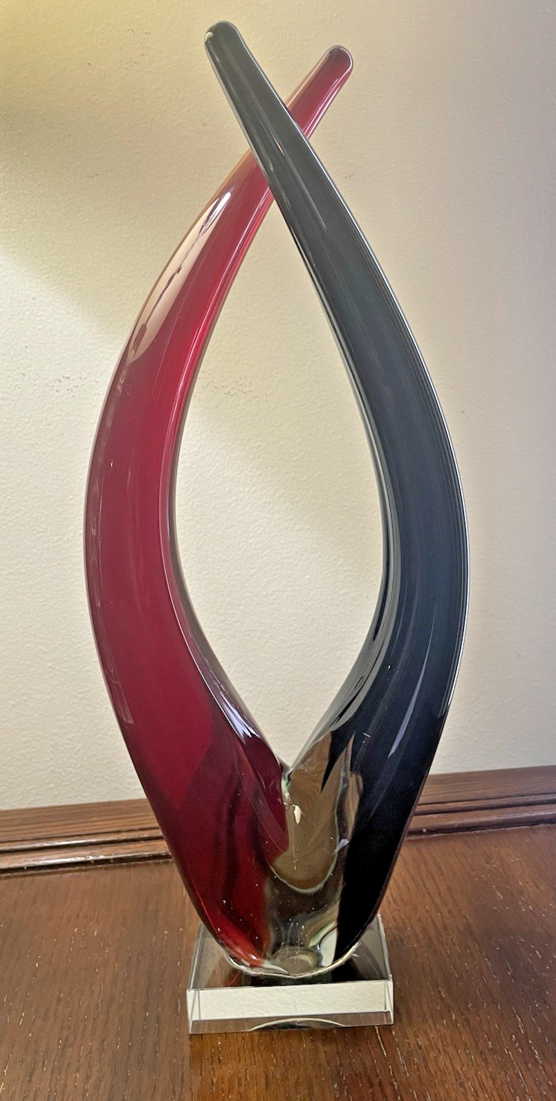 Red Black Murano Style Glass Art Swirl Sculpture Mid-Century Modern Decor Horns