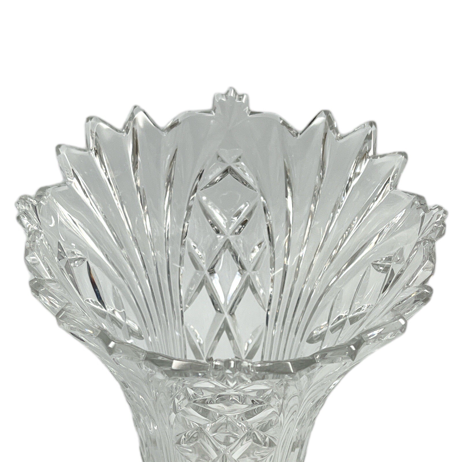 Meridian Flower Vase Crystal Clear Industries Glass Vertical Criss Cross Cuts 9″