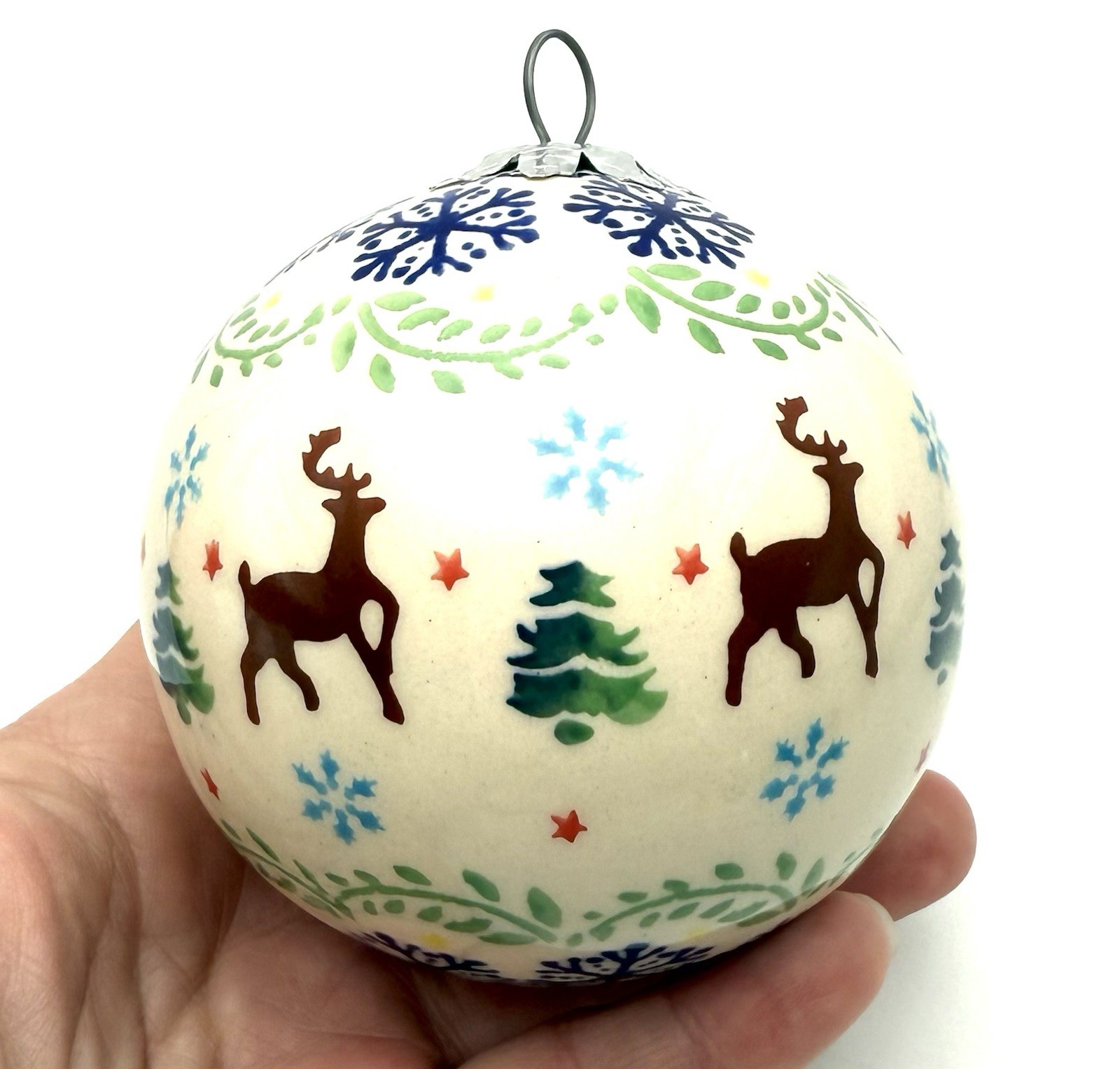 Polish Pottery Ball Christmas Ornament Reindeer Snowflakes 3” Blue Rose?