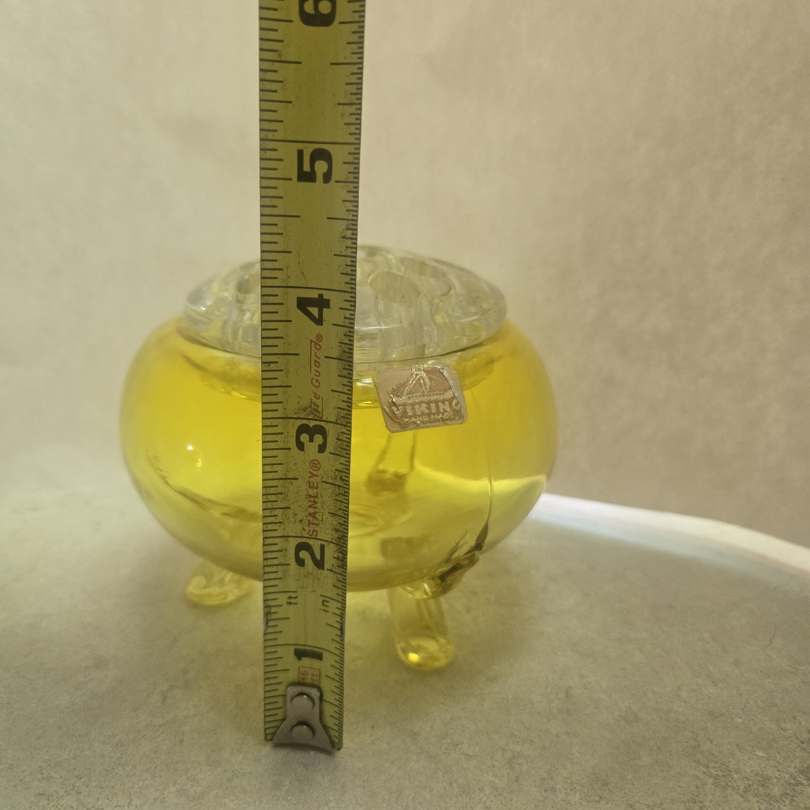 Viking FLOWERLITE Rose Bowl Vase LEMON YELLOW 3 Footed Clear Insert with LABEL