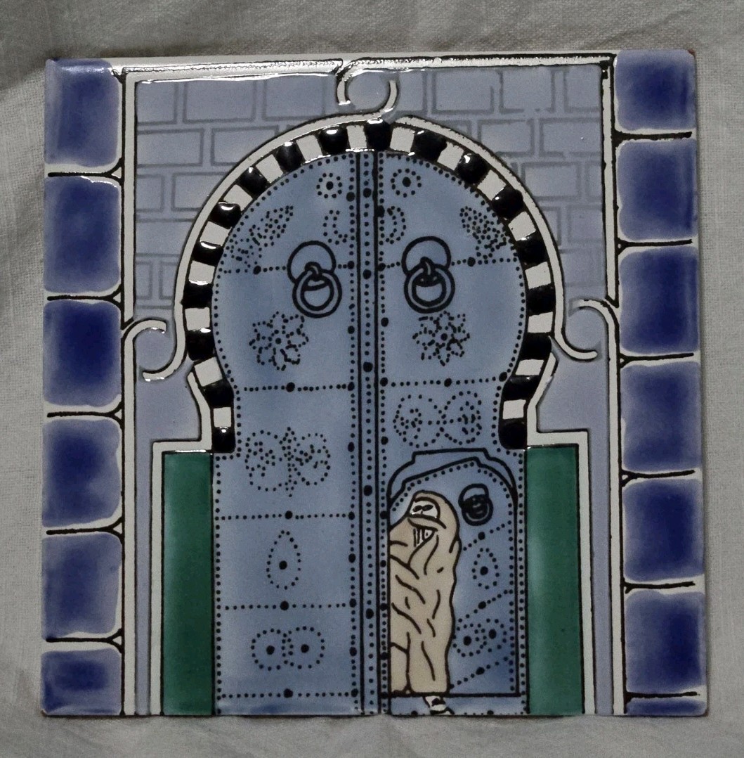 Vintage Socer Tunisia Ceramic Decorative Tile 6″ Hand Painted Blue Green Door