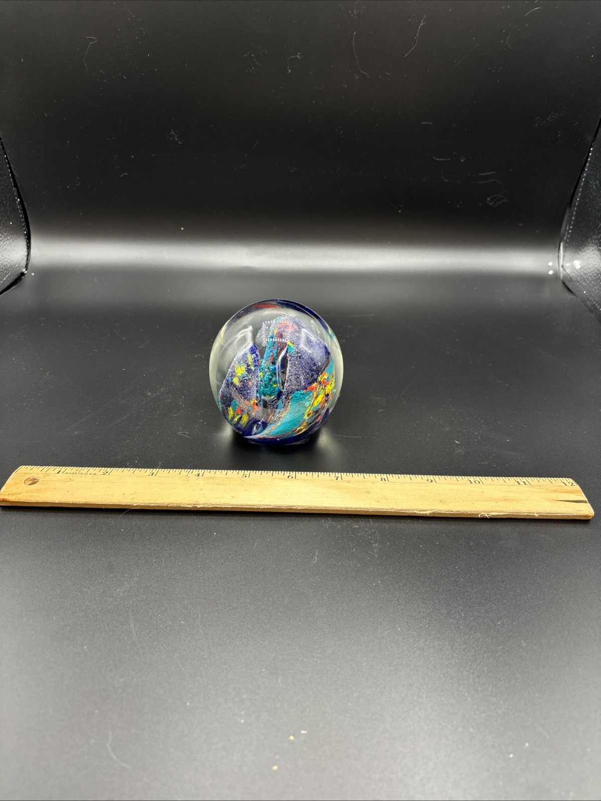 Colorful Coral Swirl Art Glass Paperweight Blue Teal Yellow Underwater Abstract
