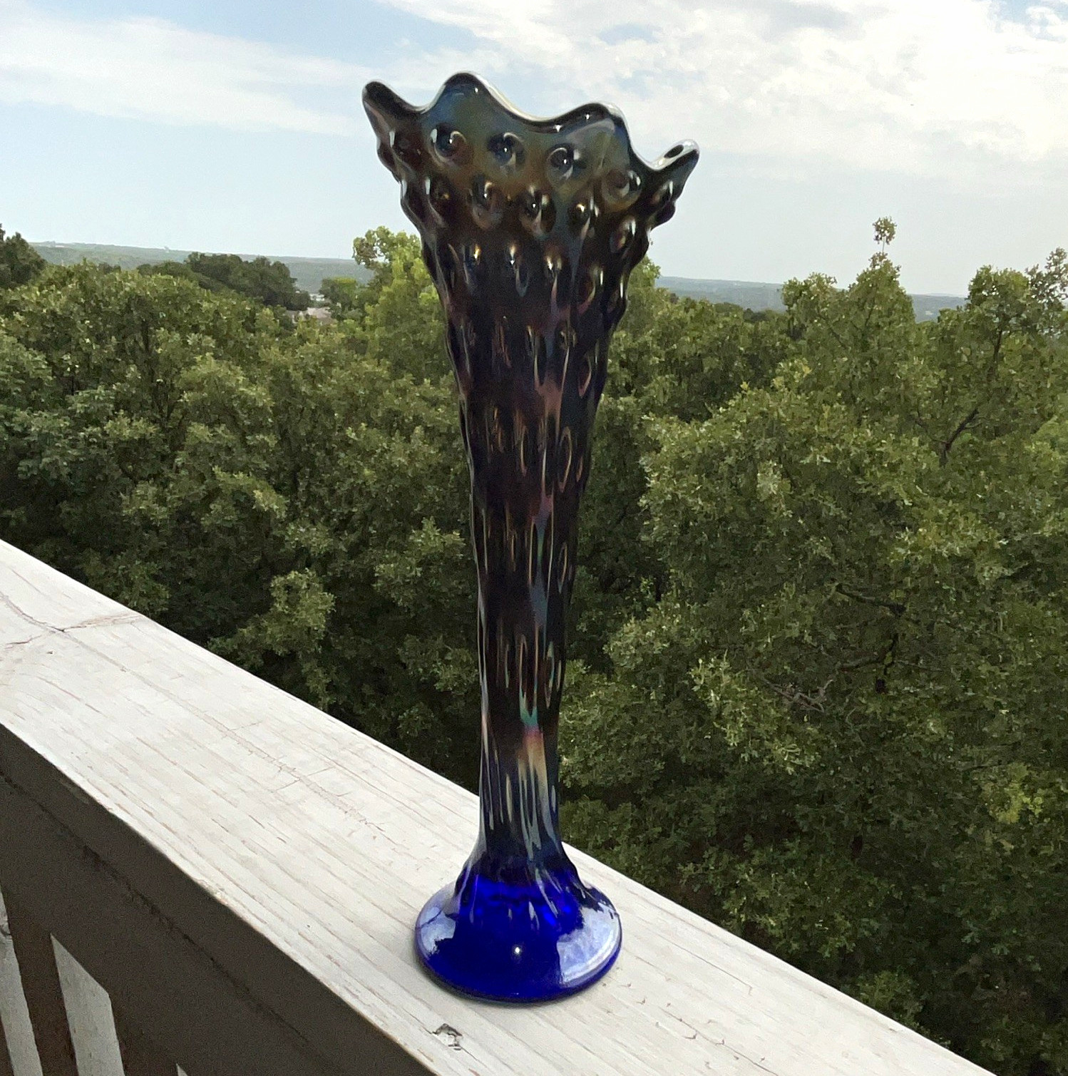 Fenton Carnival Glass hobnail swung base. Iridescent and cobalt blue.
