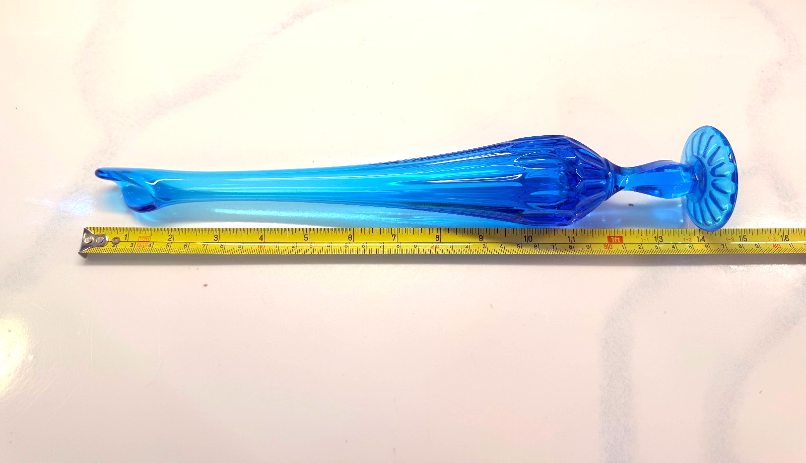 Vintage MCM Fenton Aqua Sapphire Blue Thumbprint Swung Vase 13 3/4” Tall