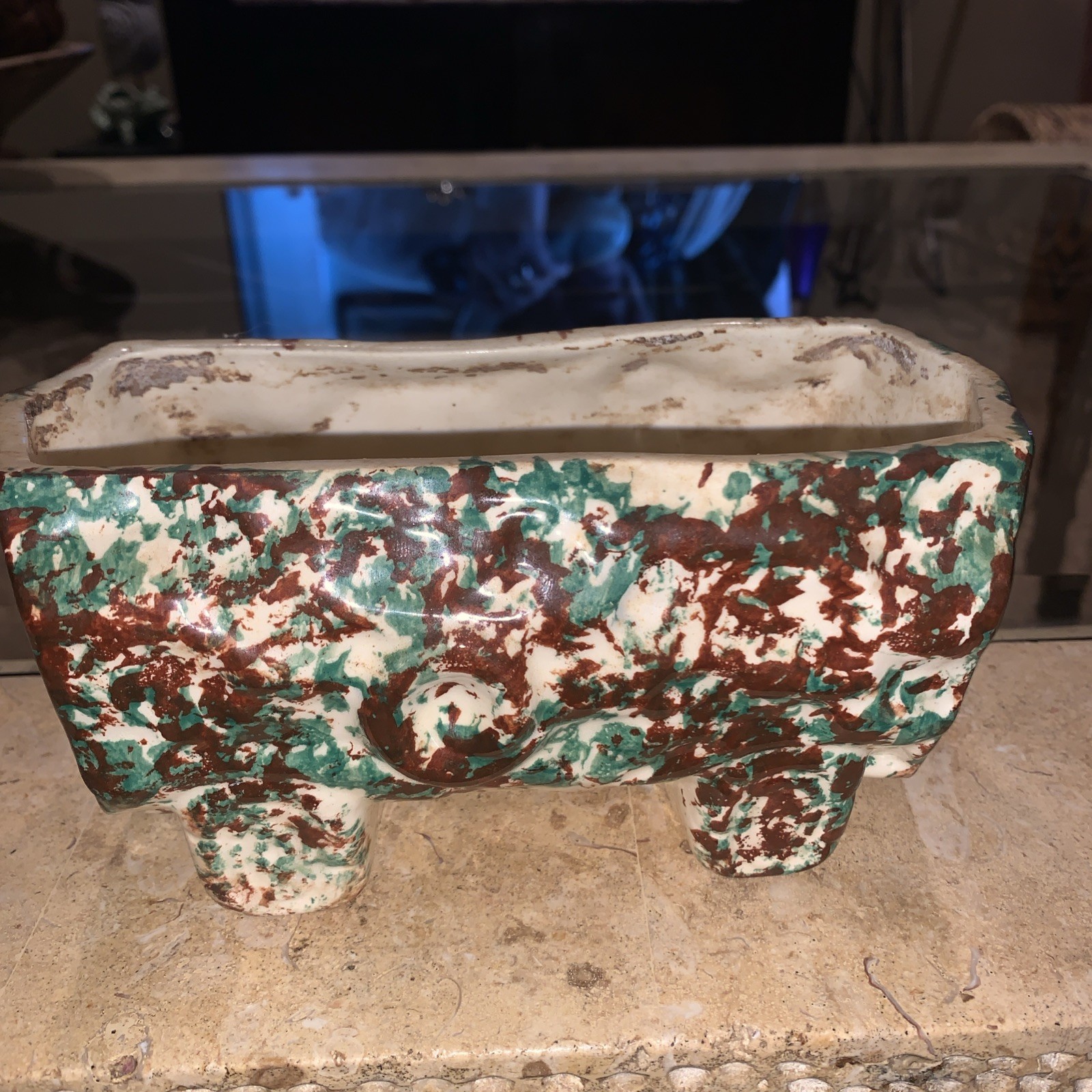 Vintage Ceramic Green Brown Splatter Pottery Planter 7″x3.5″x3″ Succulent Plants