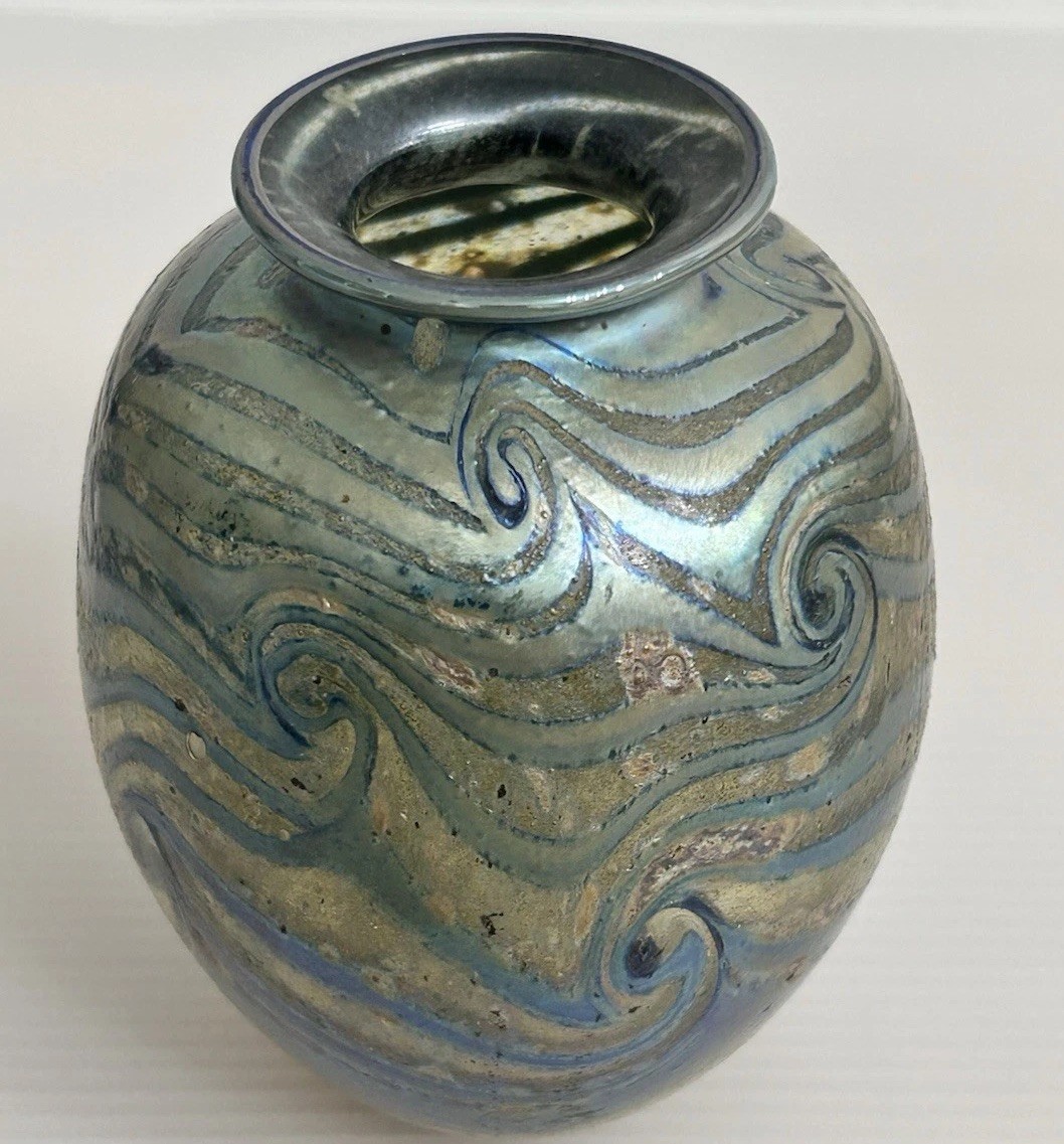 CHARLES LOTTON 1990 Sign Art Glass Vase Swirl Wave Water Iridescent *READ AS IS*