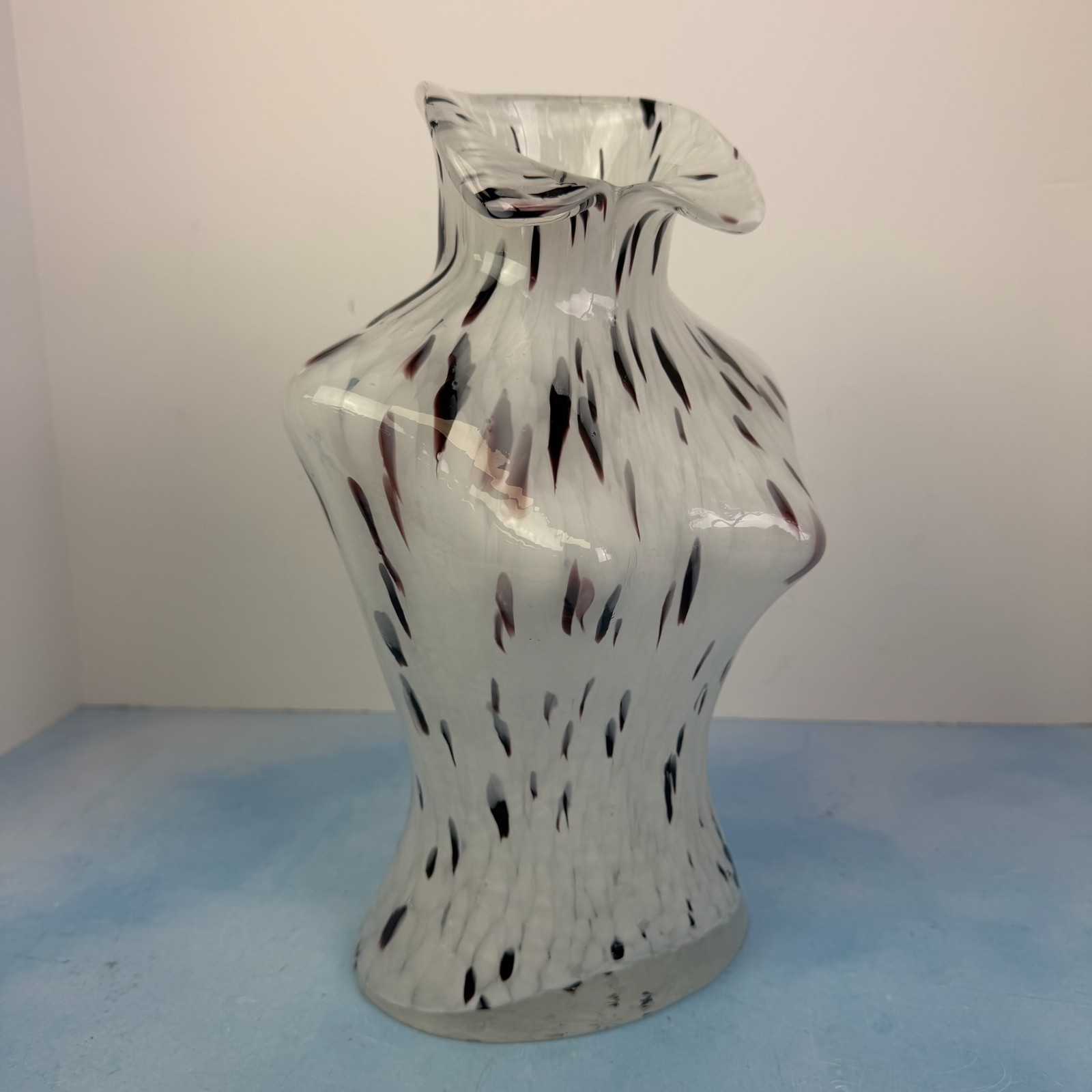 Female Torso Art Glass 12″ Vase Murano Style White Purple Spots Lady Bust Girl