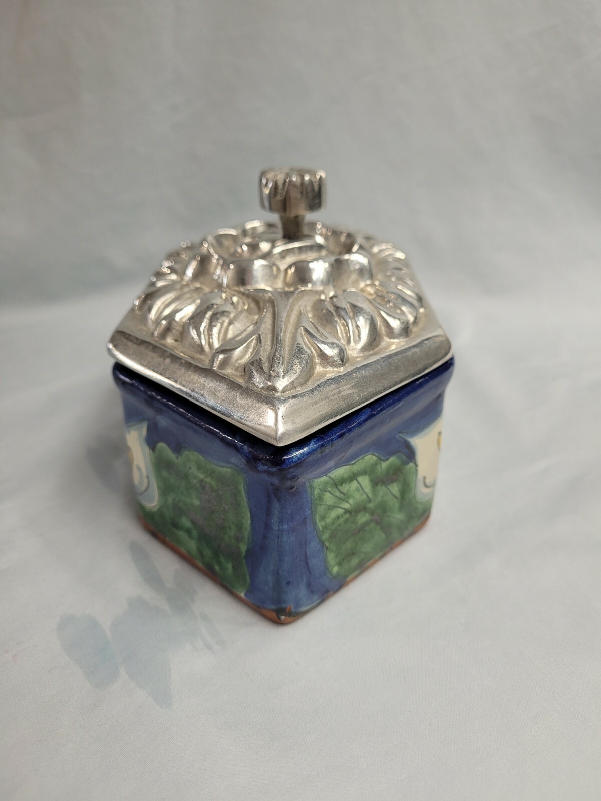 Unique Studio Art Pottery Handmade Ceramic Trinket Box w Aluminum Lid Rare HTF