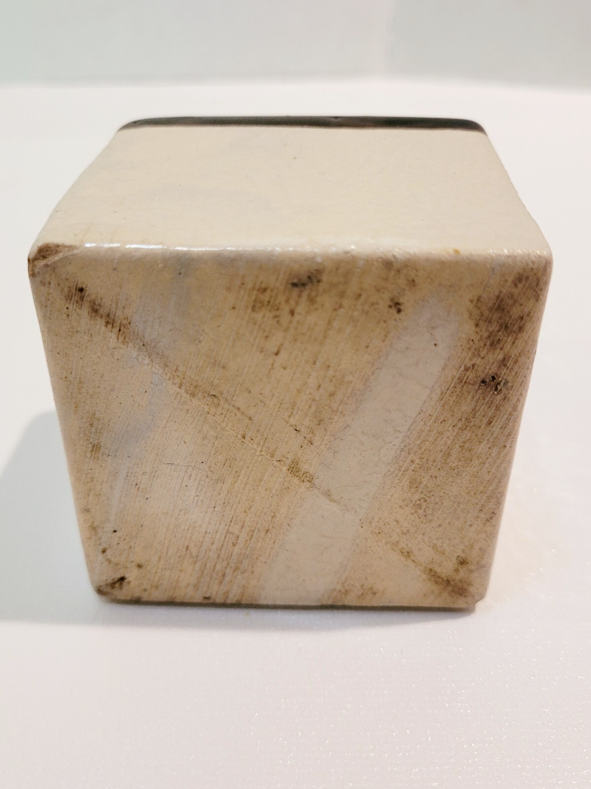 VTG BROWN/TAN STONEWARE POTTERY JUG-SMALL SQUARE 4 1/8″ HI–NO ID MARKS