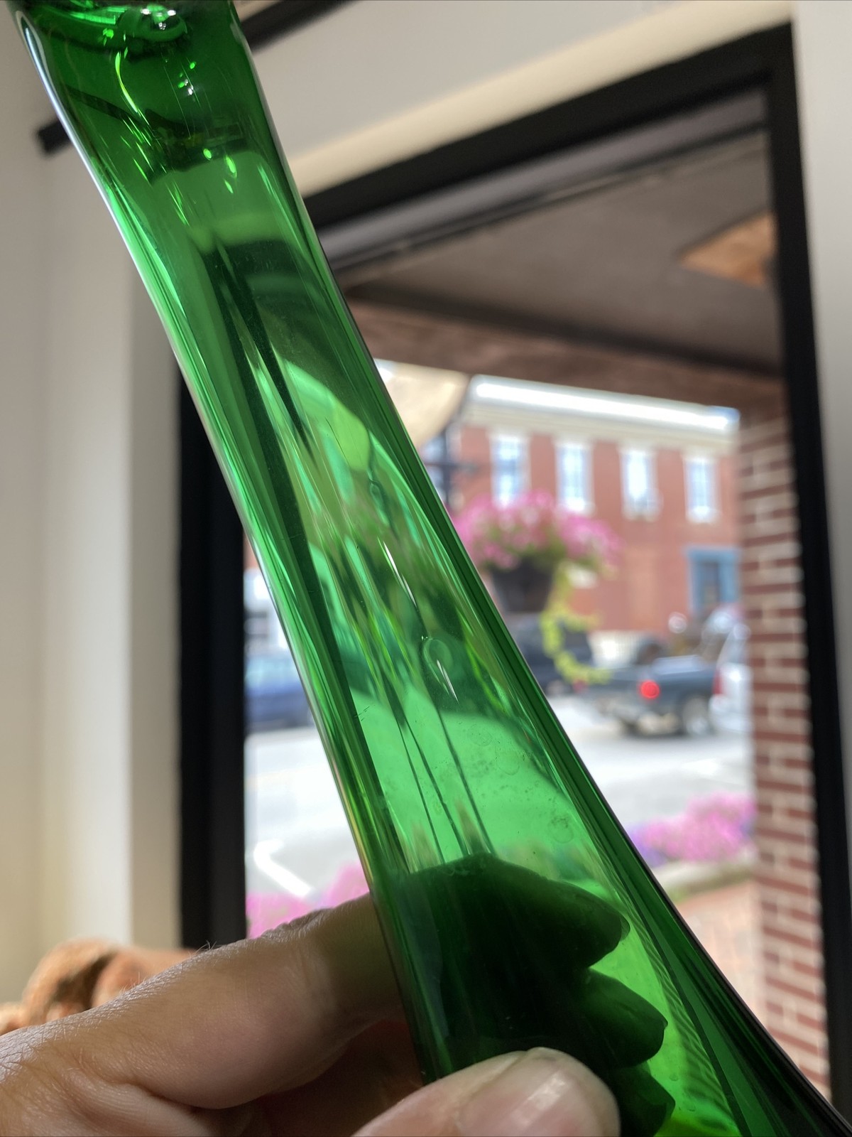 Vintage MCM Viking Glass Evergreen Swung Vase~ Trefoil Bud~ 11” Tall~ Look/Read!