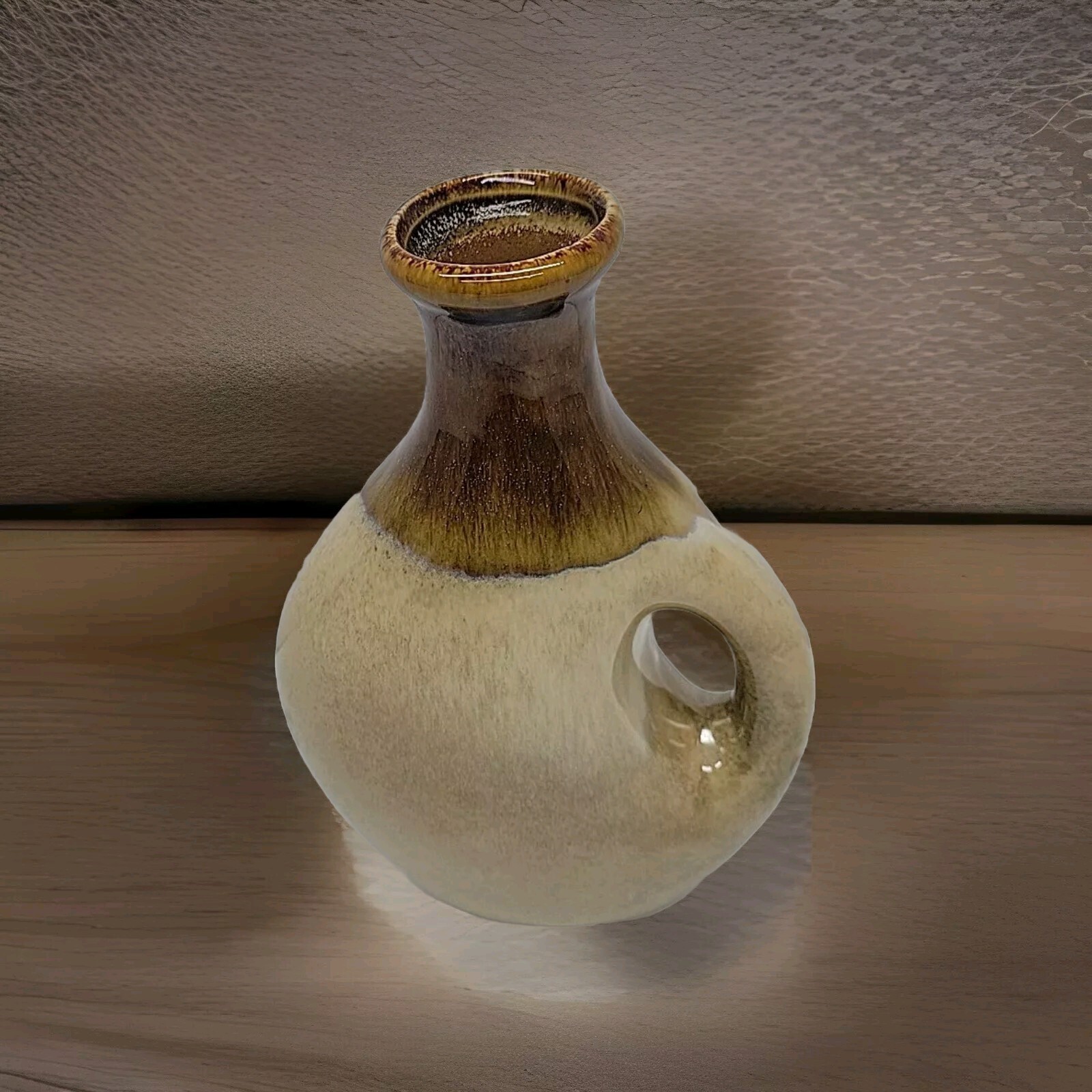 Brown, Beige & Blue Glazed Ceramic Vessel Vase – Decorative with Handle