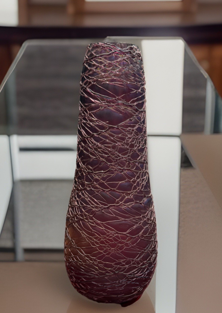 Rare Art Nouveau Kralic Threaded Vase Amethyst Purple Iridescent 1890-1920 12”T