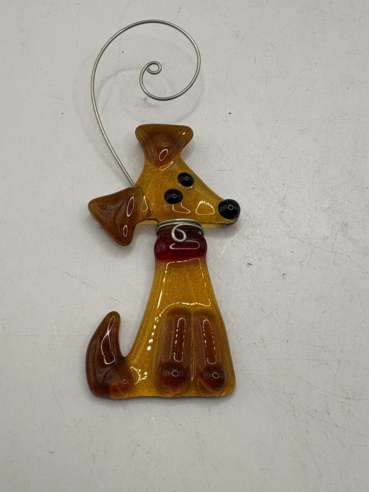 Haywire Fused Art Glass Dog Ornament Silver Wire Hanging 3”