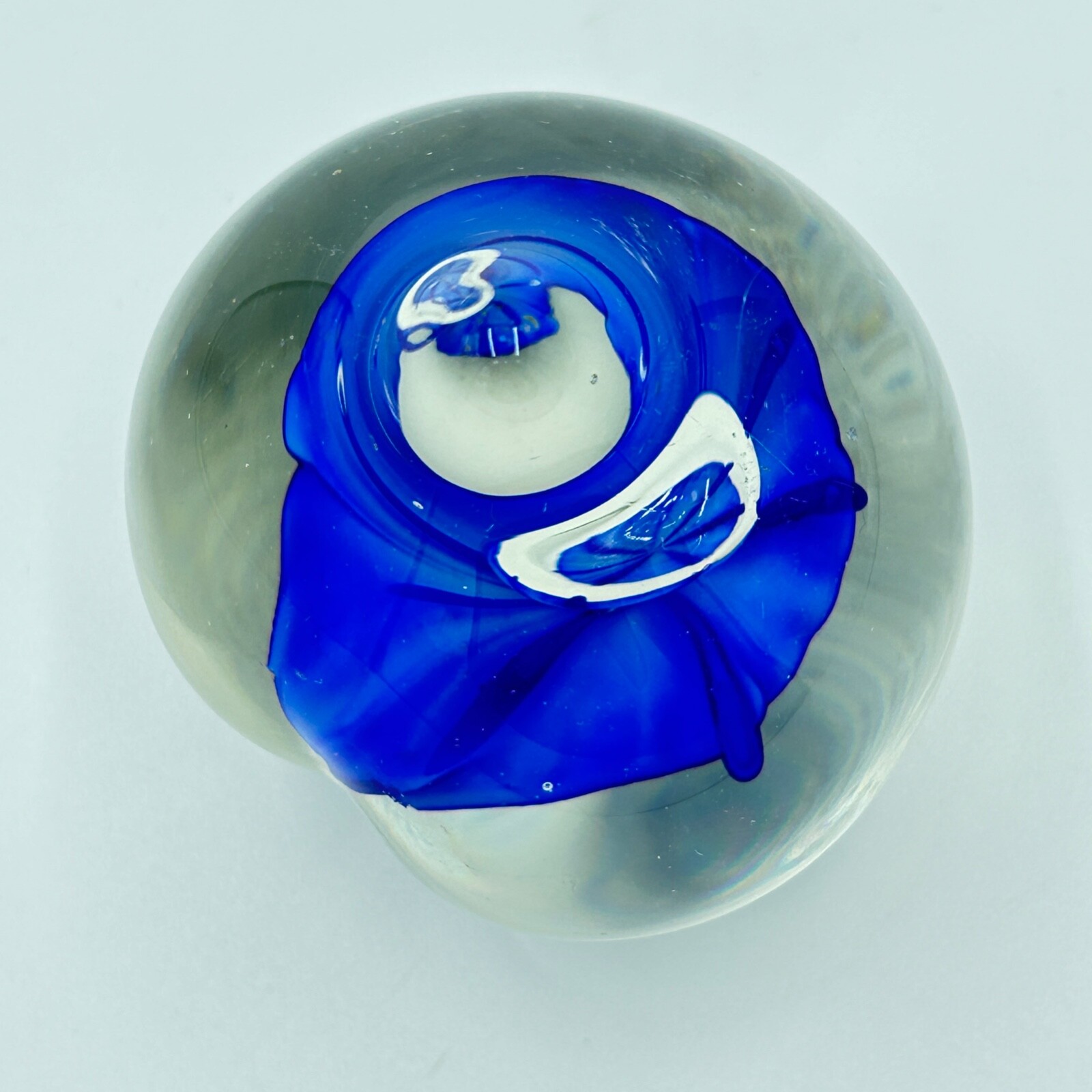 Vintage Art Glass Paperweight – clear with blue flower and controlled bubble