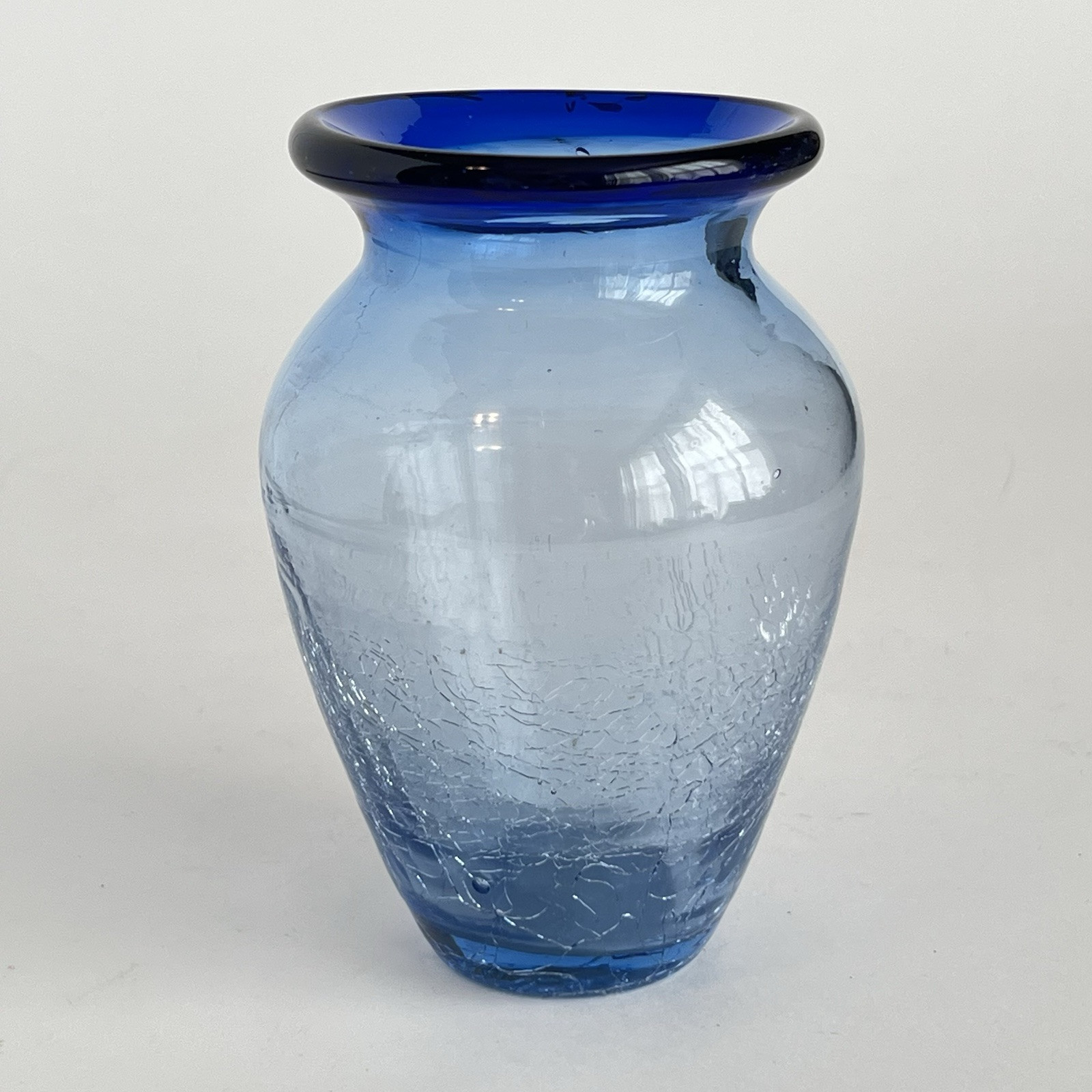 Vintage Art Glass Vase Handblown Crackle Glass Clear And Blue 5 Inch