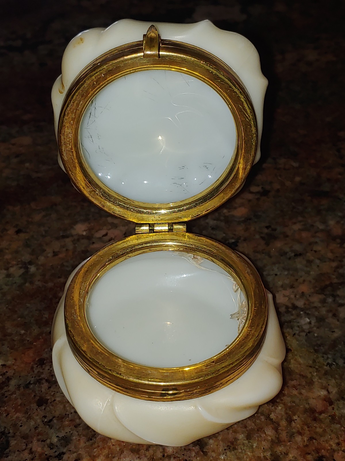 Wavecrest Style Victorian Milk Glass Forget Me Nots Hinged Glass Trinket Box