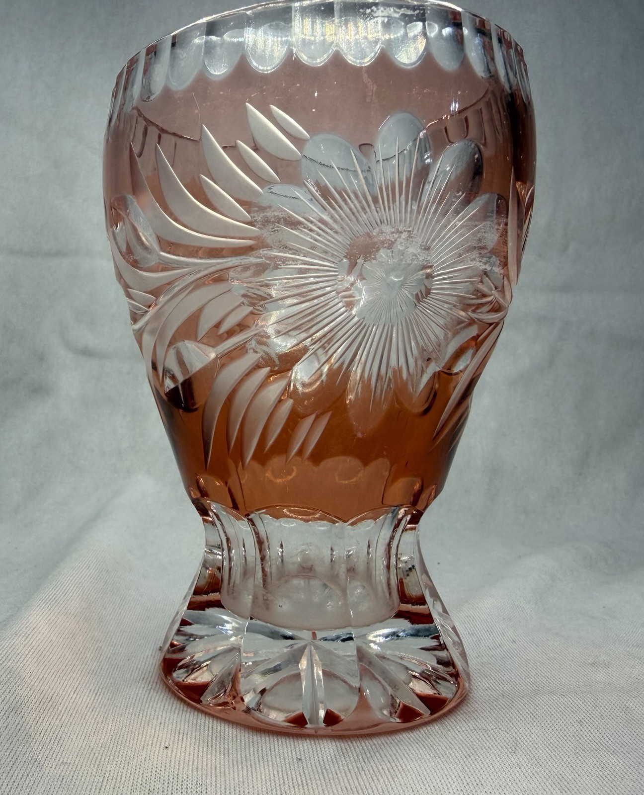 Bohemian Cut to Clear Cranberry Vase Daisy Flowers 4 3/4 in