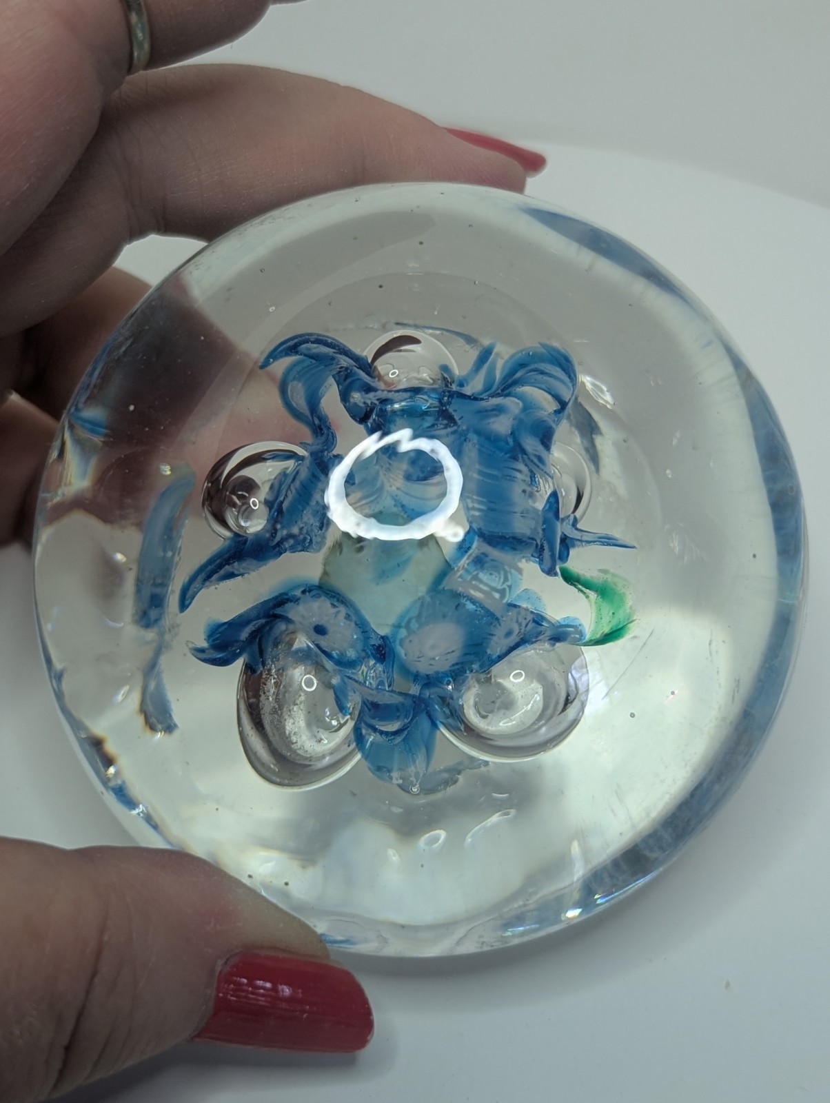 Vintage Art Glass Blue Flower Paperweight Controlled Bubbles ~ 3×1.5 inches