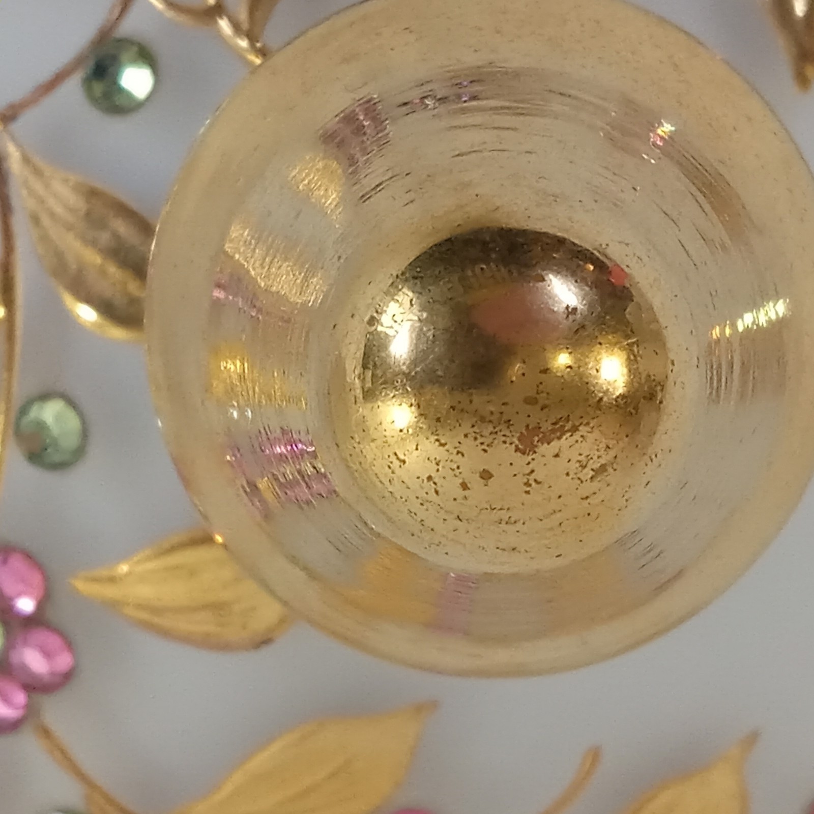 West Germany White Satin Glass Covered Trinket Box Dish Gold Gilt Rhinestones
