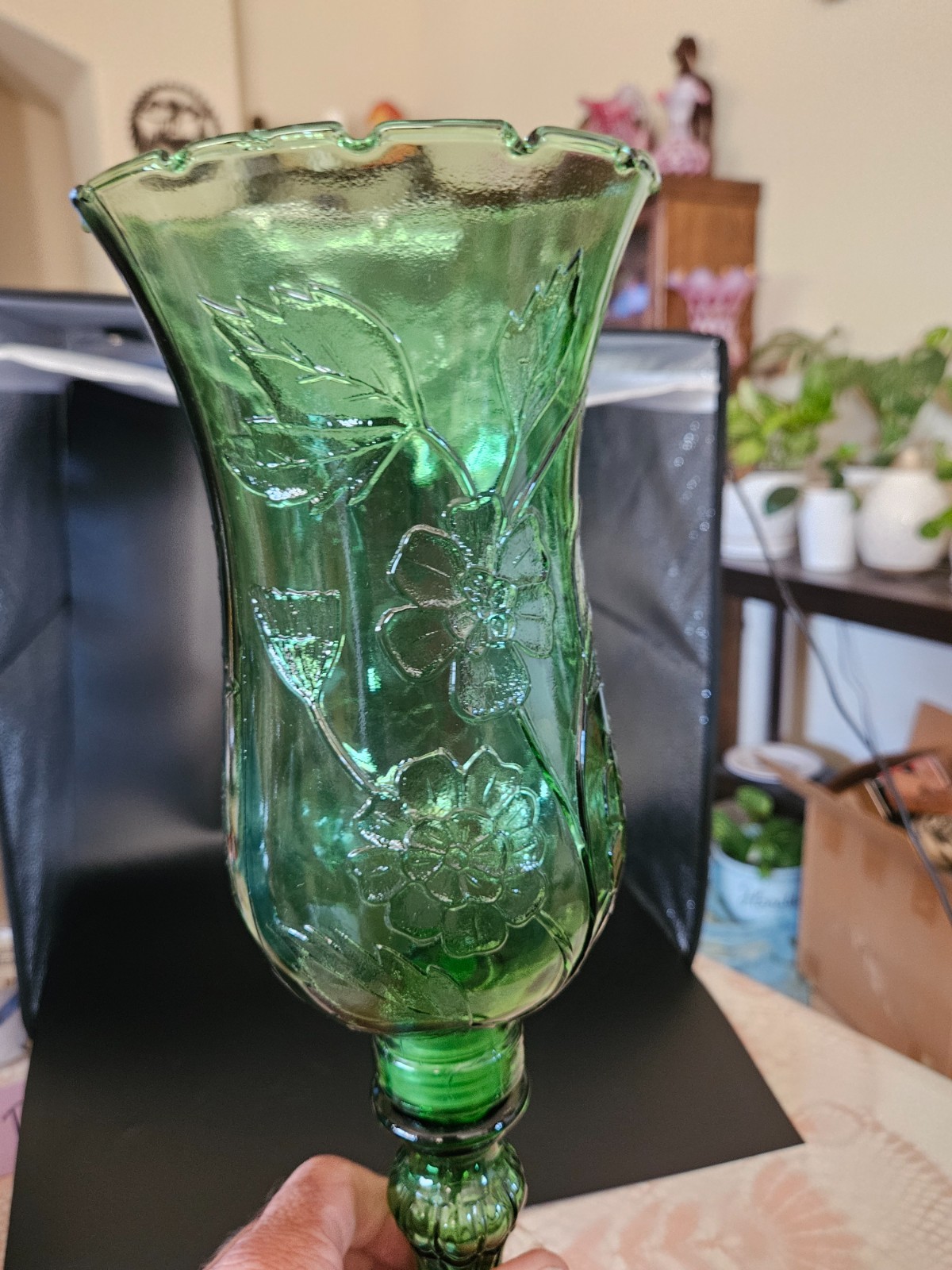 Vintage Italy Empoli Glass Candle Holder Vase Hurricane Chimney Green 17.5″ Tall