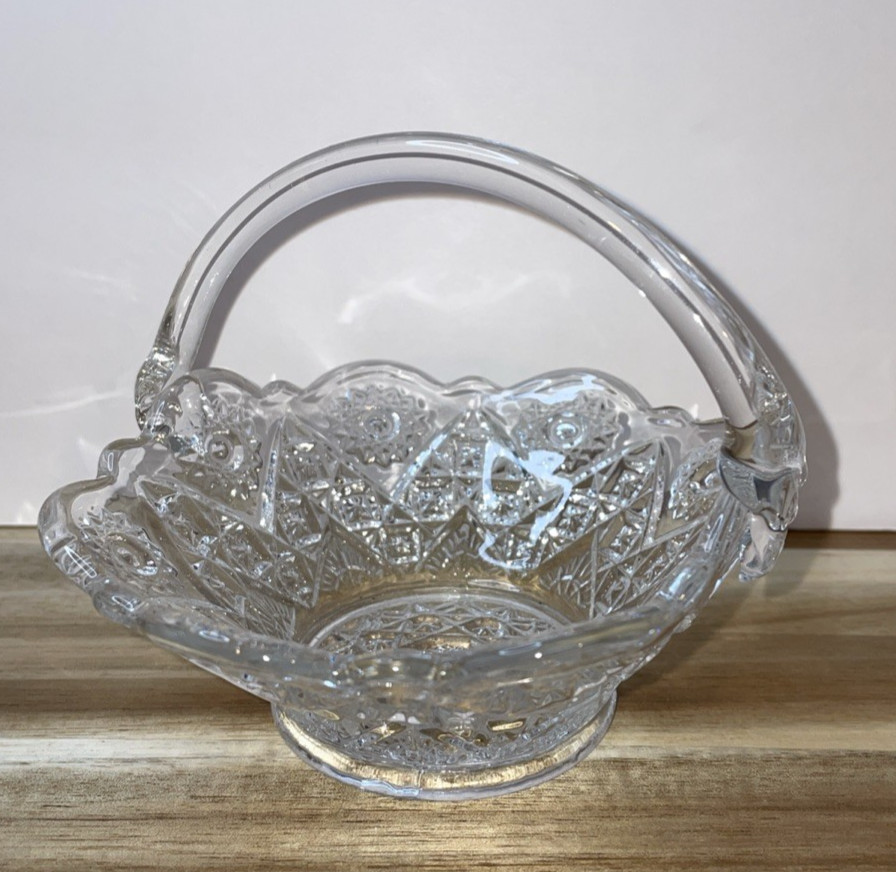 Clear Glass Basket Bowl With Handle Crystal Type 4″ Tall x 5″ Wide Used