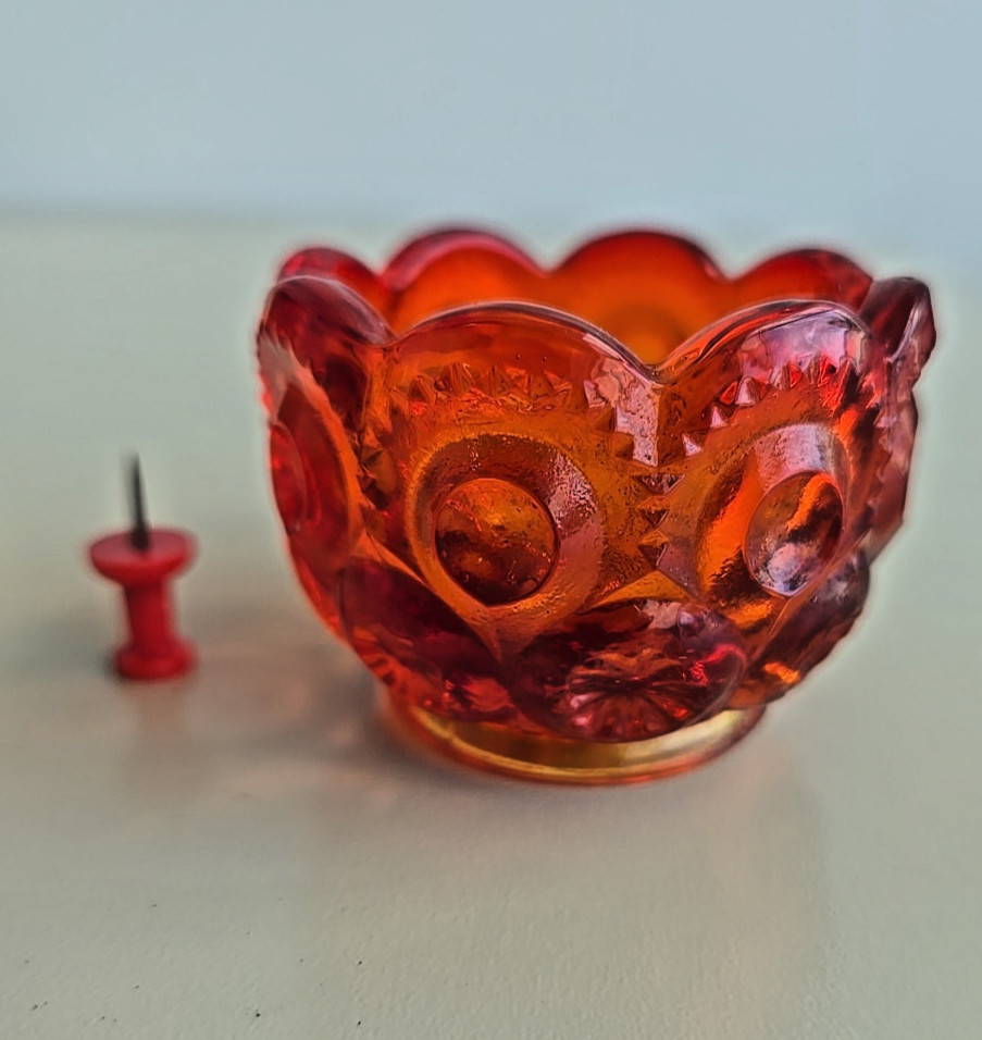 Vintage Fenton L.E. Smith art glass small 2″ red orange Moon & Stars Amberina