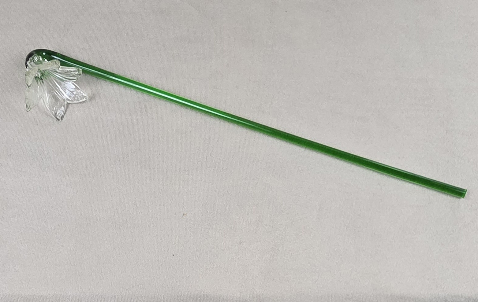 Vintage Hand Blown Glass Flower Clear Glass Bell Lily Green Long Stem 20″