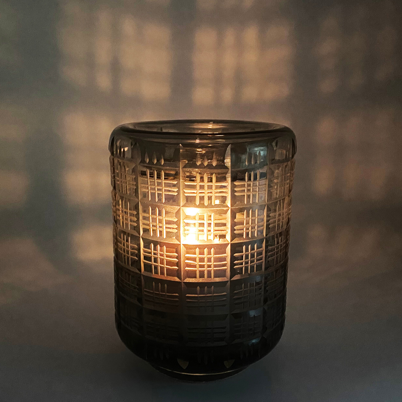 CYAN DESIGN Off the Grid (Medium) Smoke Cut Glass Vase or Candle Holder