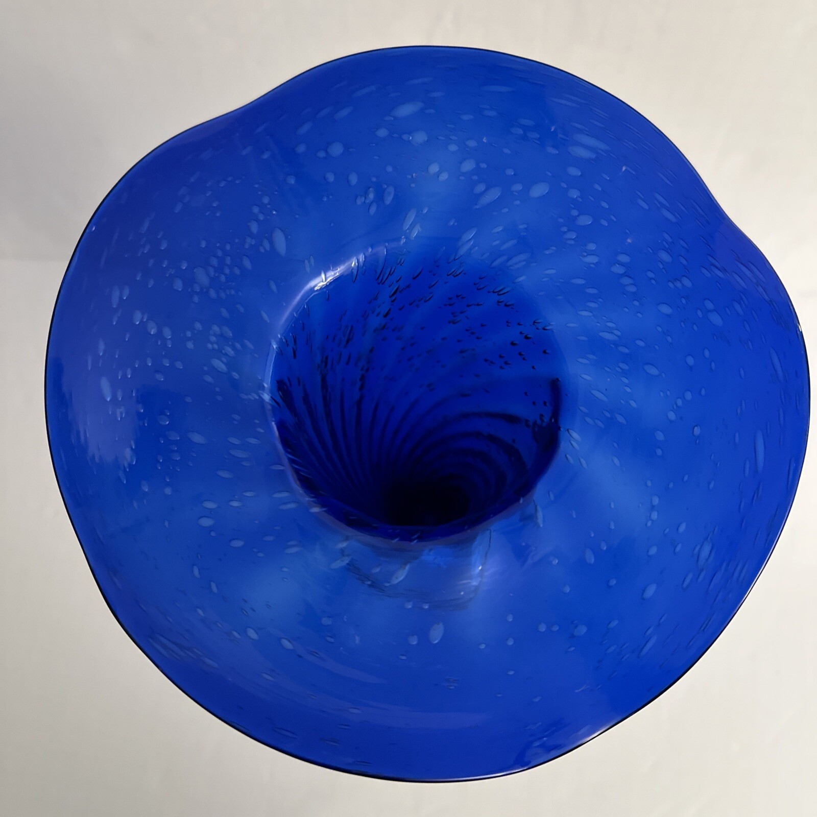 Handcrafted Cobalt Blue Blown Glass Swirl Lily Vase With Clear Base & Bubbles