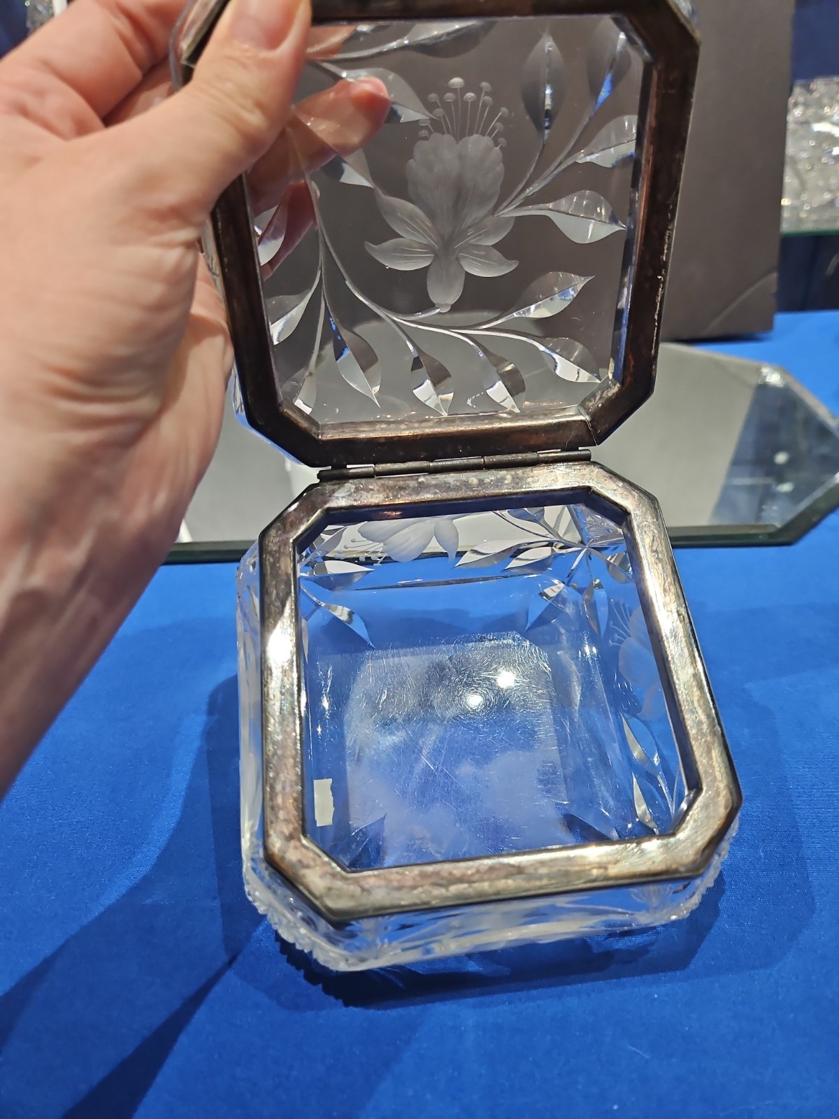 Hinged Handkerchief Box American Brilliant Cut Glass Crystal Sinclaire Fuschia