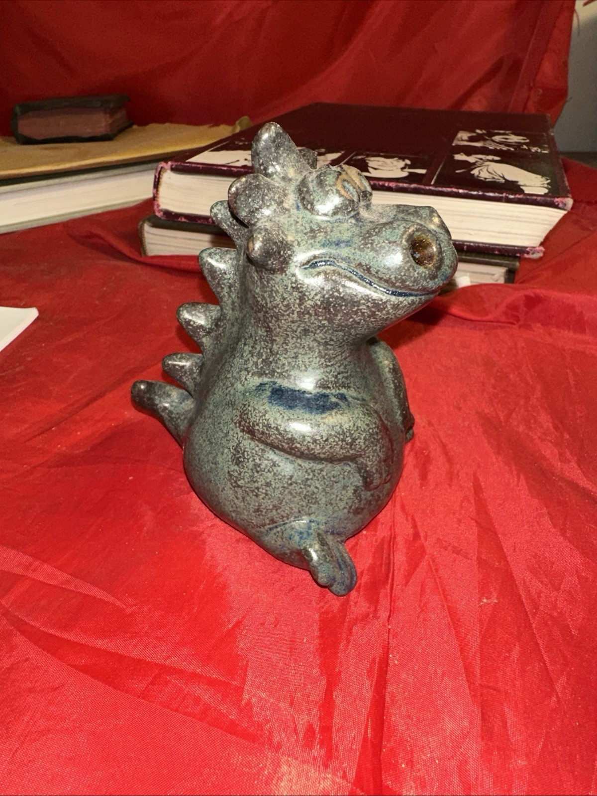 Rare & Unique Ceramic Figurine Dragon Puff W/ Ashtray On Bottom Blue/Grey 4.5”