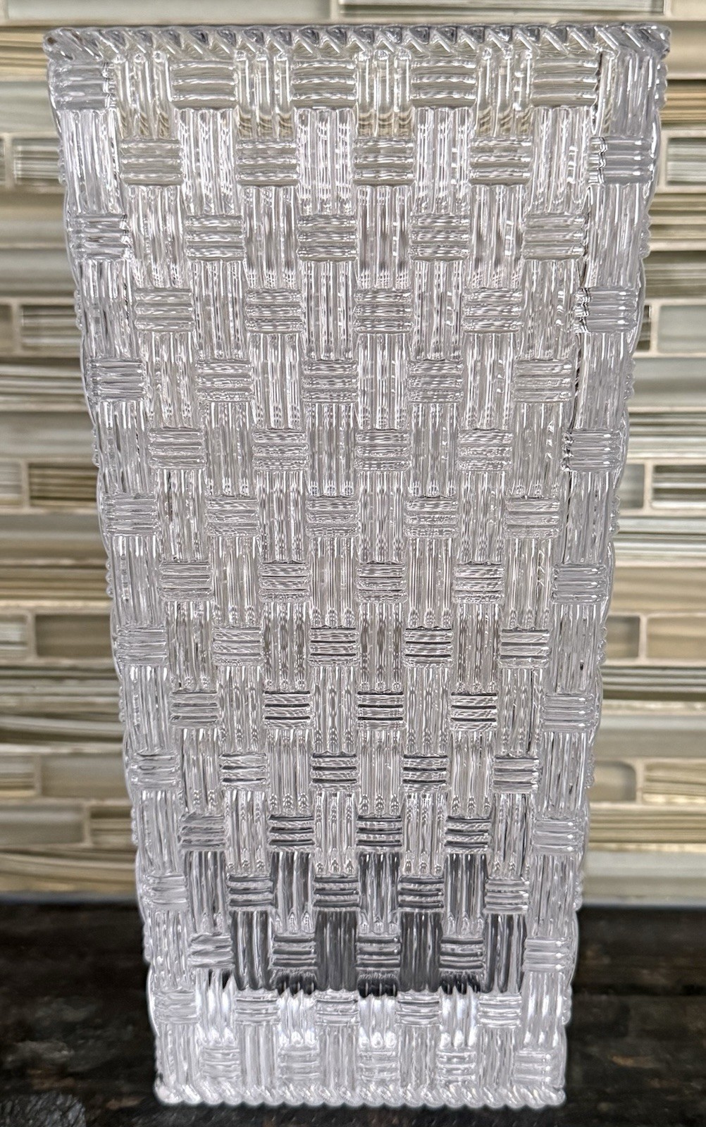 TIFFANY & CO Square Basket Weave 10” Crystal Vase, Made In Germany