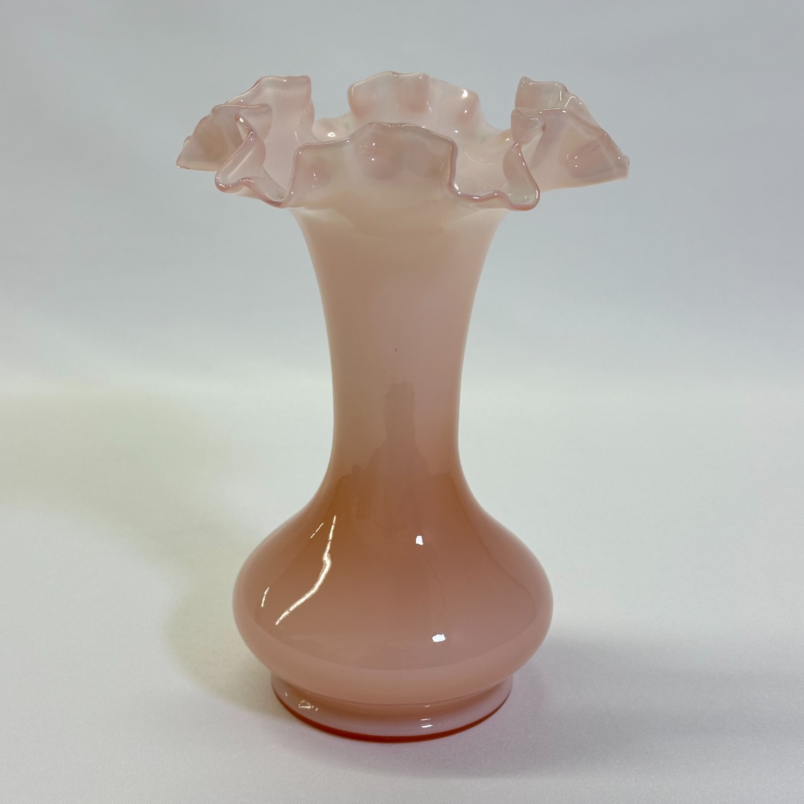 Fenton Pink Overlay Ruffled Vase Milk Glass Crimped Rim Vintage 7 3/4″