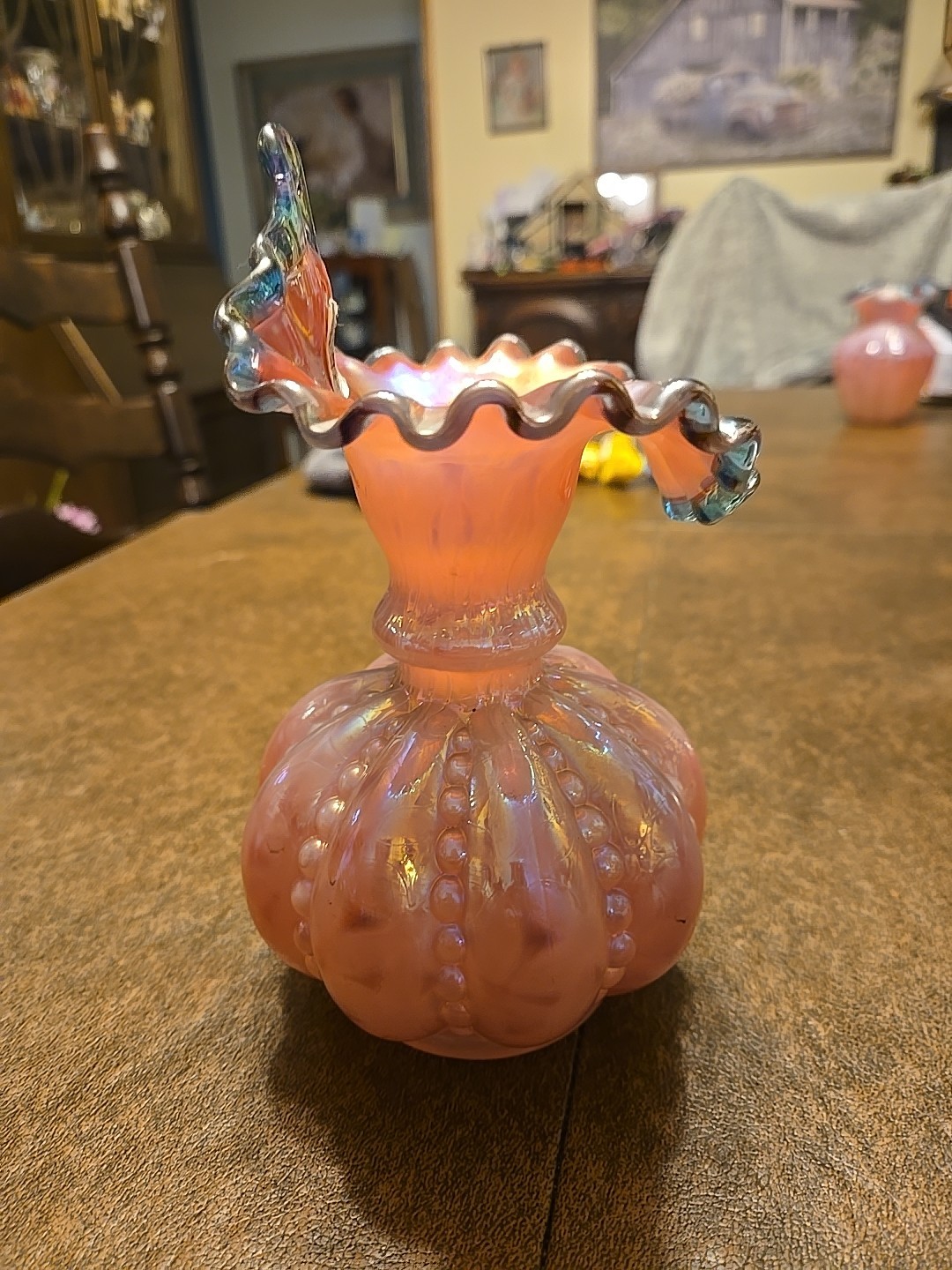 FENTON ART GLASS 1988 CASED CRANBERRY OPAL/TEAL IRIDESCENT BEADED VASE LE
