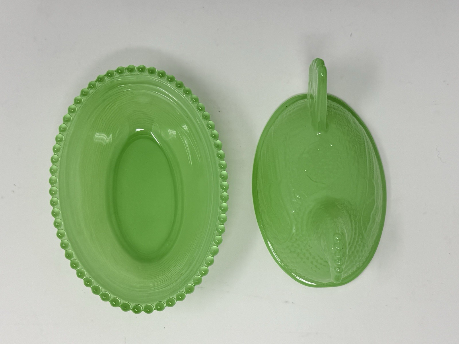 Hen On Nest Artificial Jadeite Green Glass 4.5 Inches Candy Dish Cottage Style