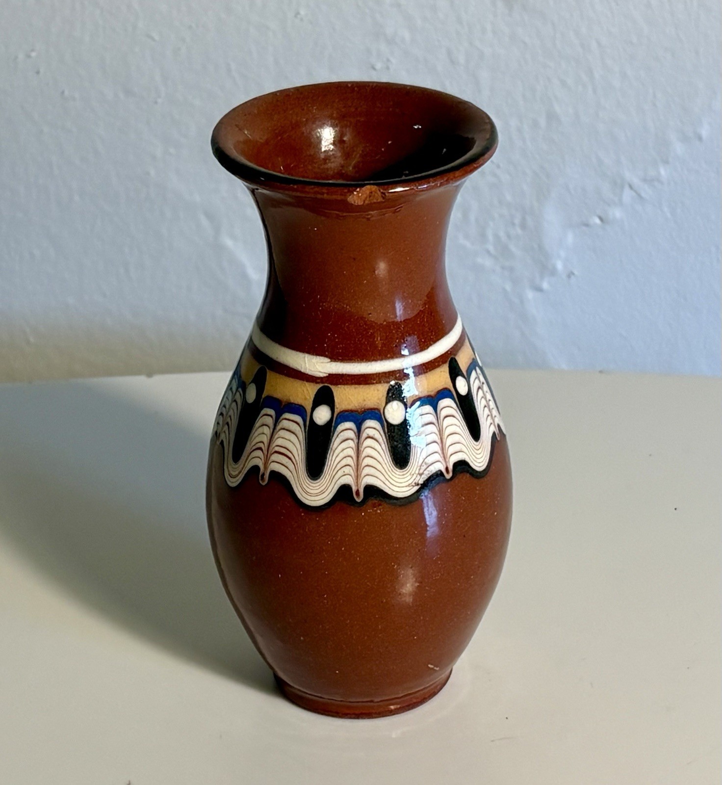 Vintage Bulgarian Troyan Redware Bud Vase Psychedelic Glaze Folk Art Pottery