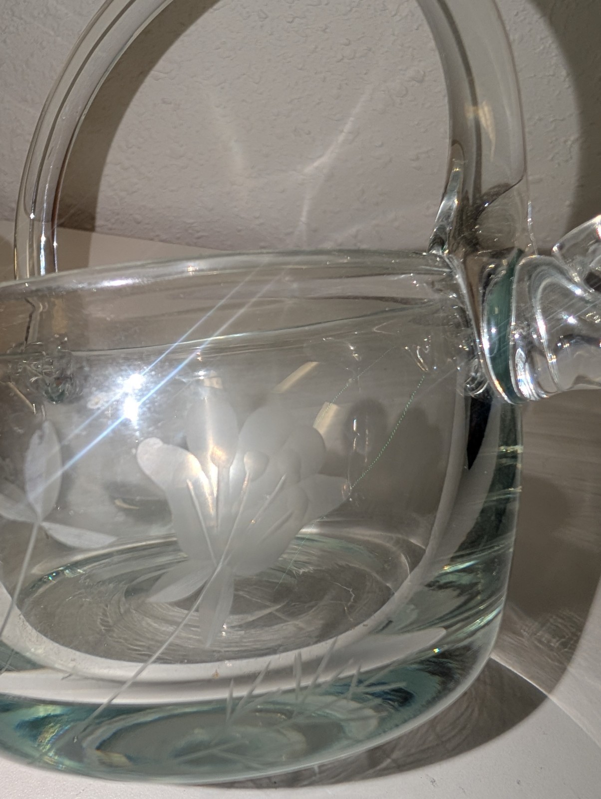 Handblown Glass Basket with etched floral design 5 in Lead Crystal heavy candy