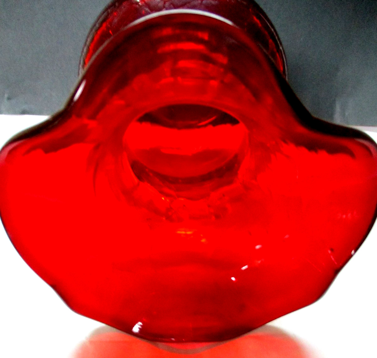 Kanawha Ruby Red Crackle Glass Vase with Applied Rigaree Scroll Decor w-sticker