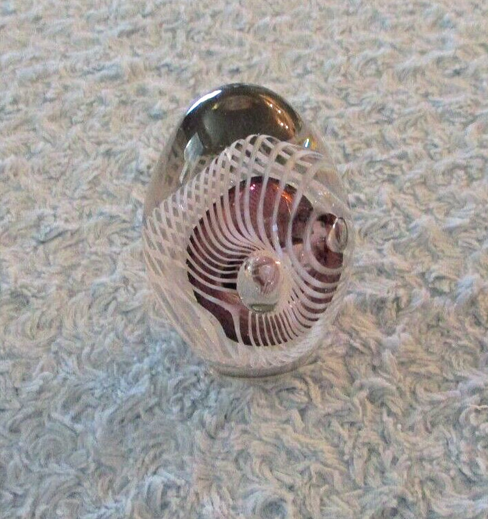 Eickholt Signed 1989 Egg Shaped Paperweight White Spirals, Purple Center EUC