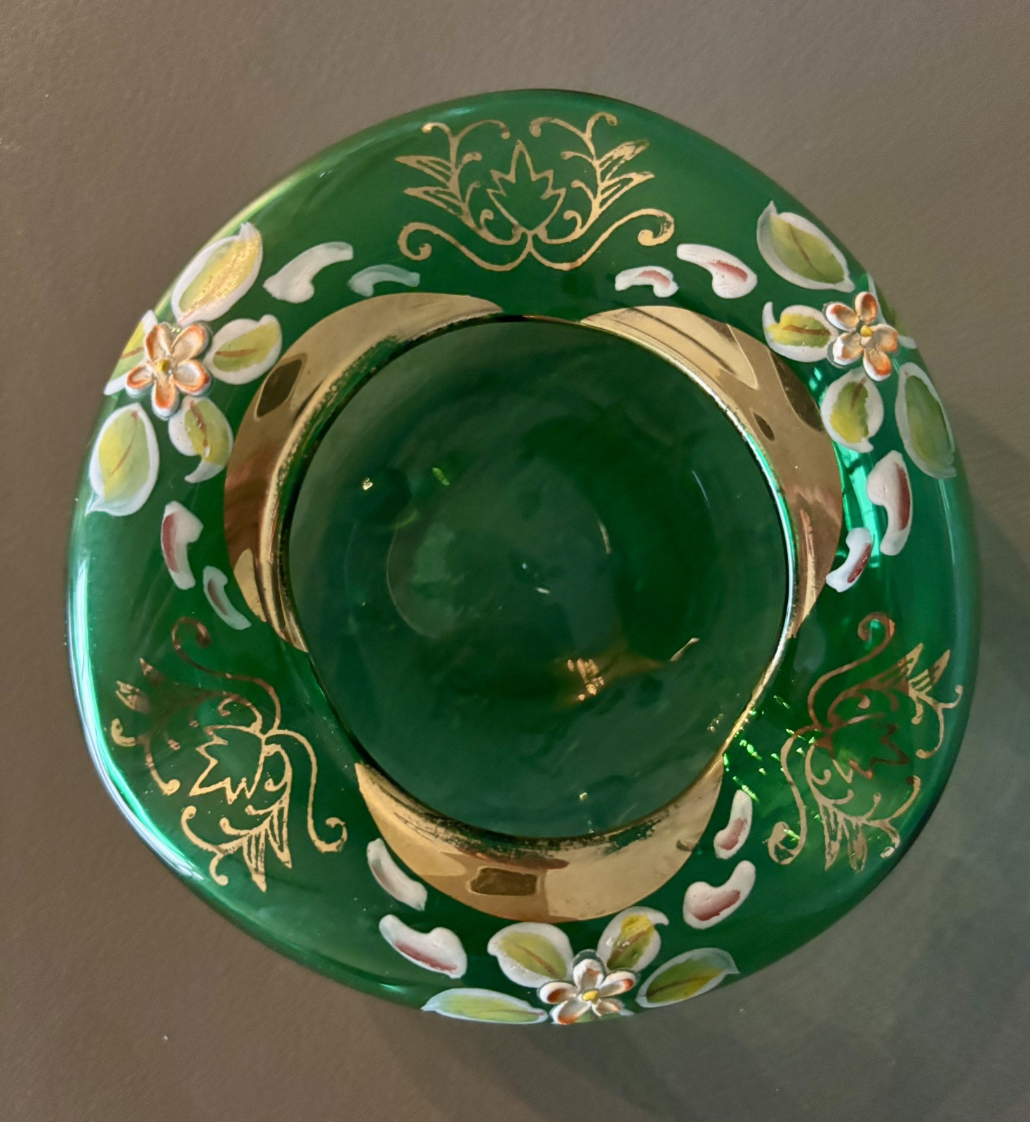 Vtg Hand Painted Emerald Green Bohemian Art Glass Czech Ashtray Flowers 22k Gold