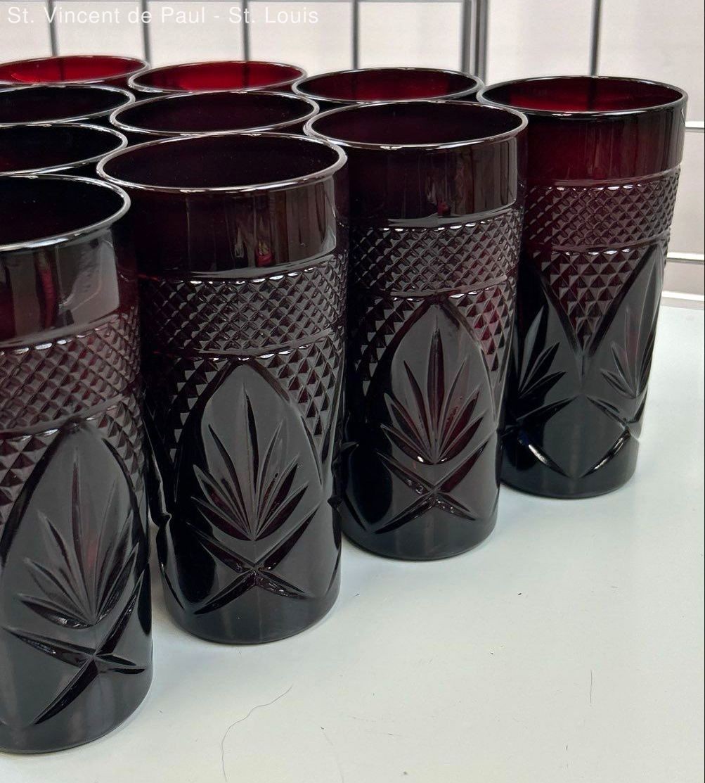 10 Vintage Luminarc Cristal D’Arques-Durand Antique Ruby Tumbler Glasses France