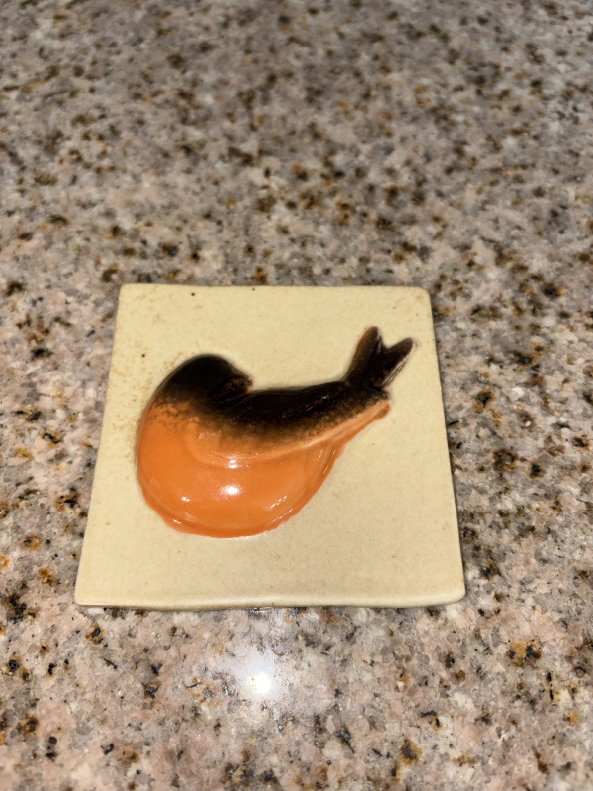 Glazed Pottery Ceramic Small Tile Orange and brown Bird 3 1/4 X 3 1/4 #C33
