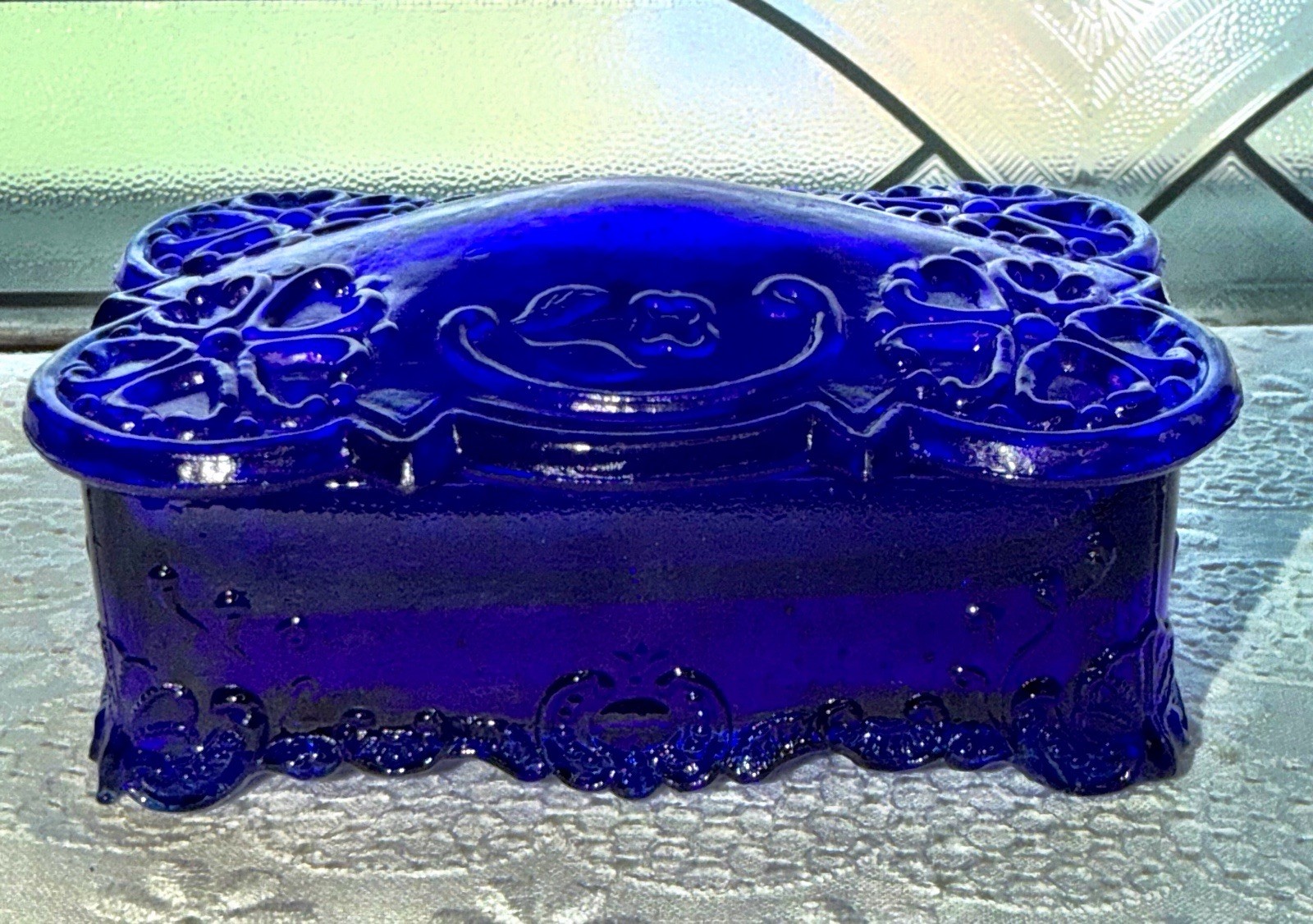 Vintage Cobalt Blue Glass Lidded Trinket Box- Floral Design – Please Read G6