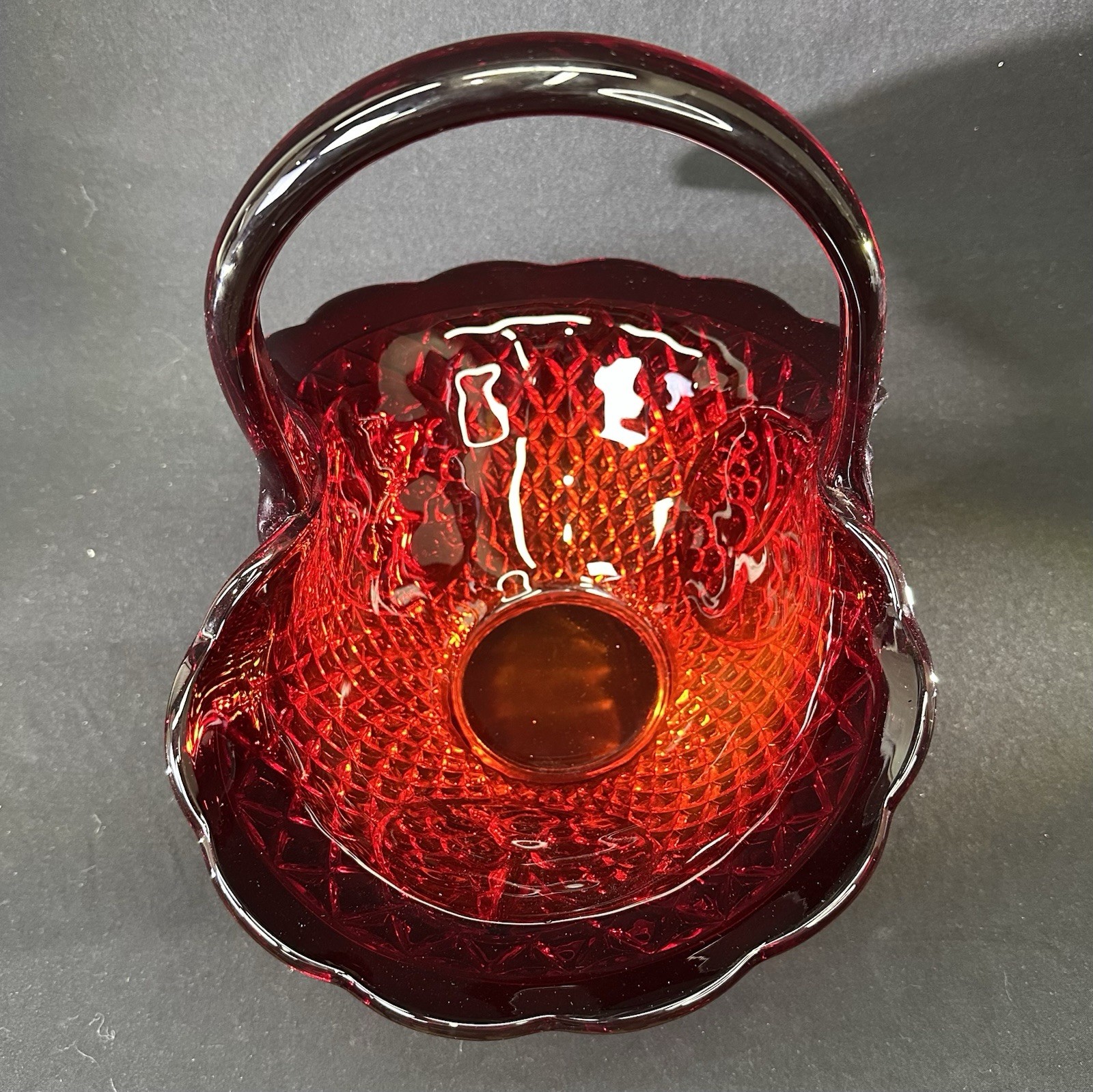 Indiana Glass Canterbury Sunset Amberina Basket, Vintage Mid 20th Century