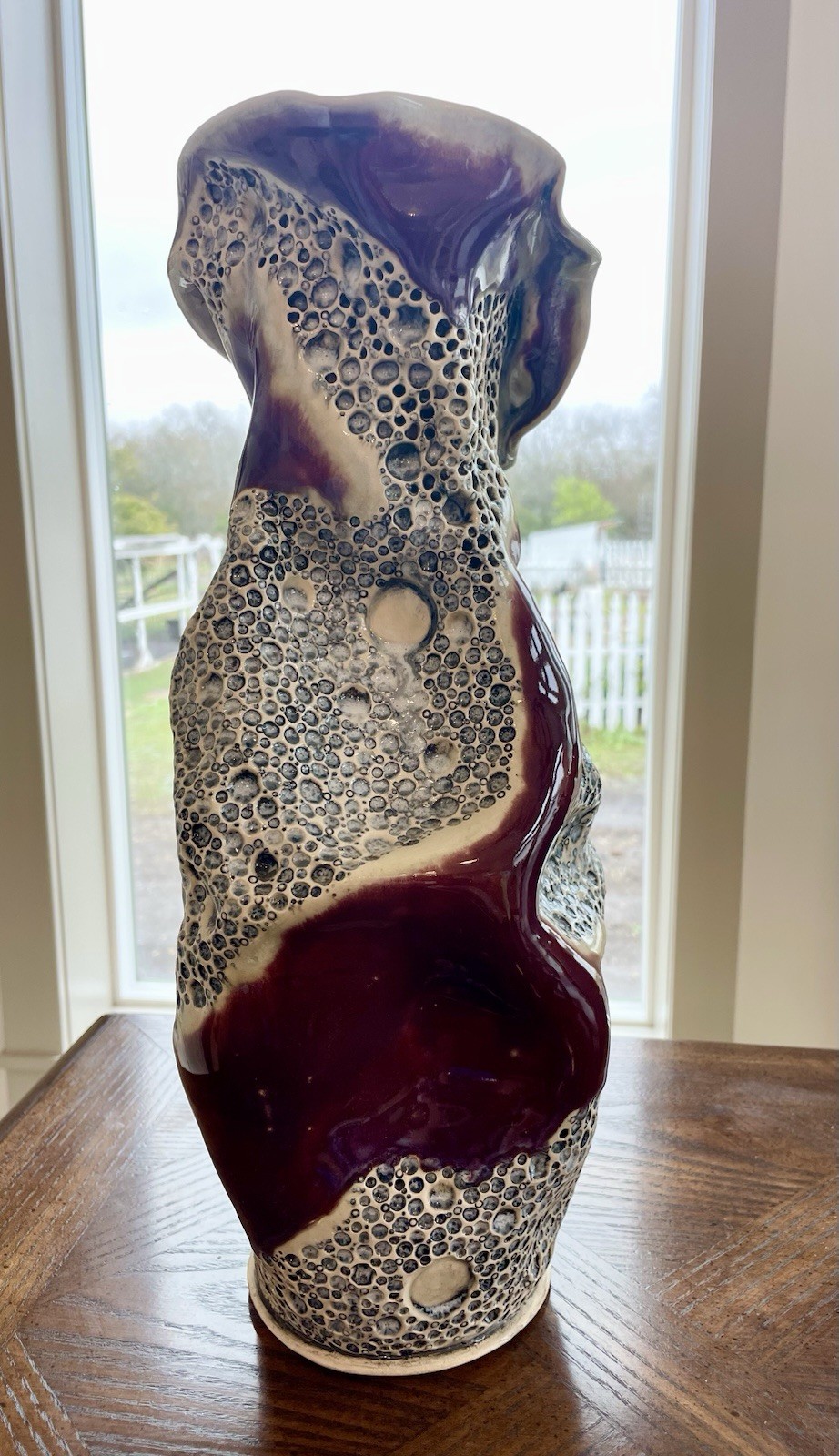 Exquisite Artist Signed Pottery Handmade Sculpted Vase Red Maroon Gray Cream