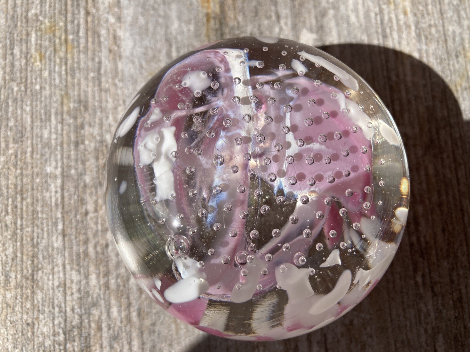 Vintage Clear Glass Paperweight Pink White Swirls Controlled Bubbles Signed Sam