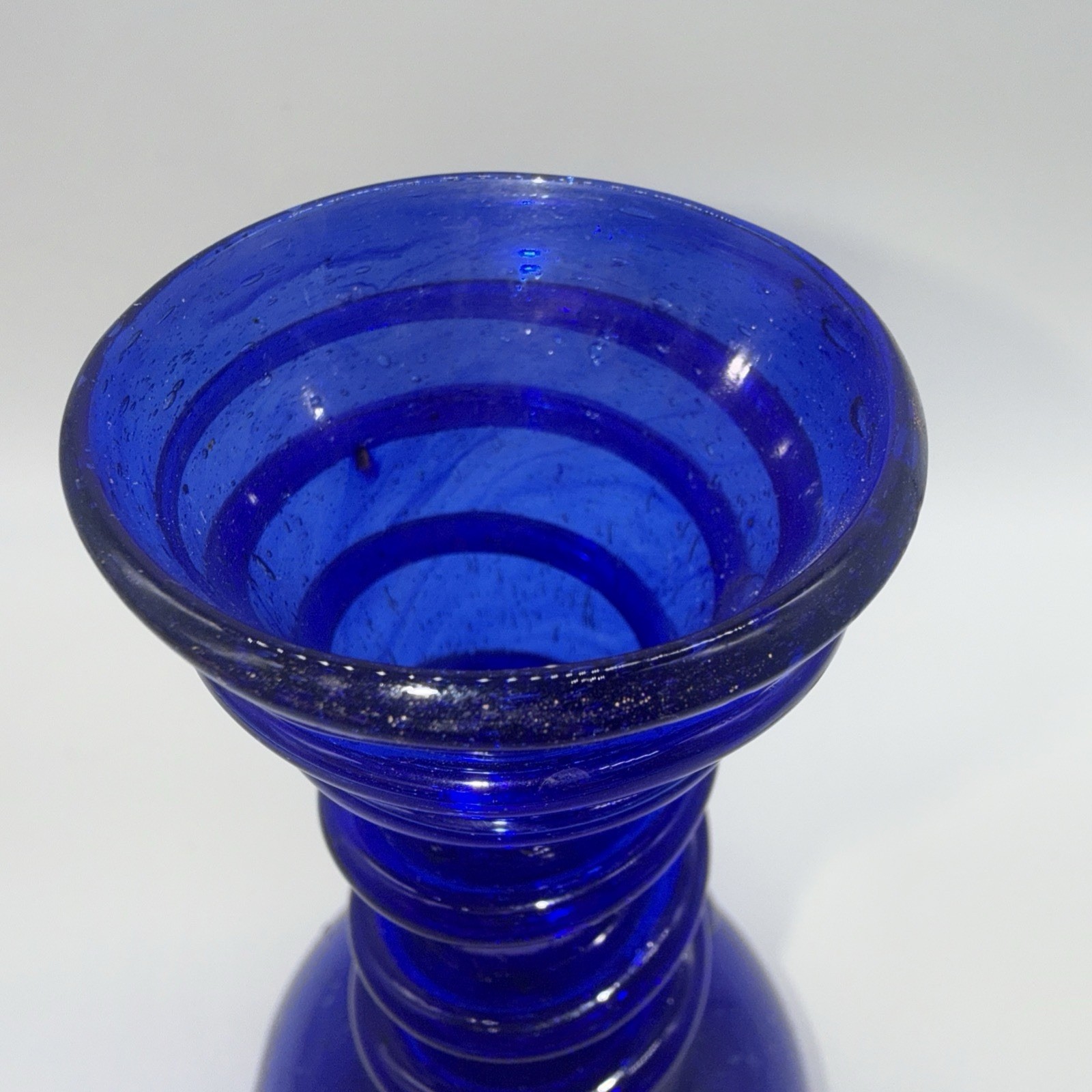 Cobalt Blue Hand Blown Mottled Glass Vase 7” Tall Applied Coil Made In Egypt