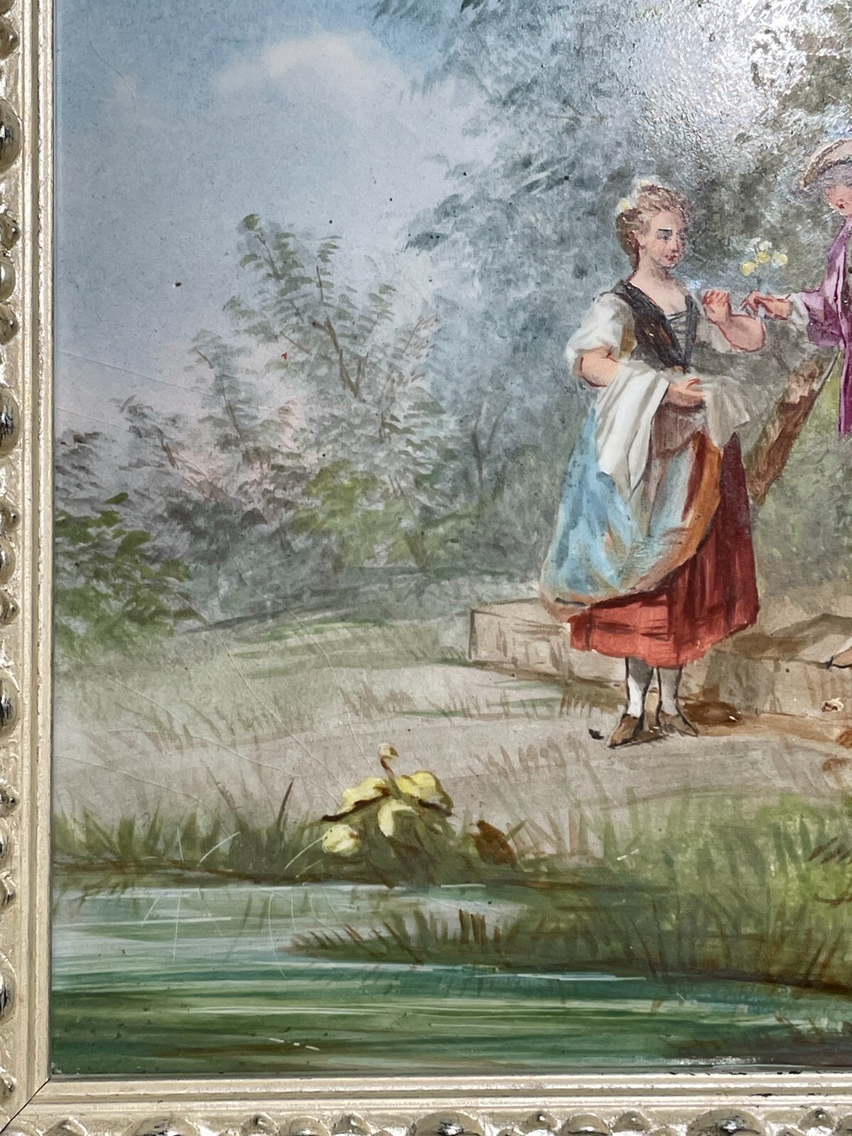 2 Antique hand painted Continental porcelain 8×8 TILE PLAQUE Victorian Romance