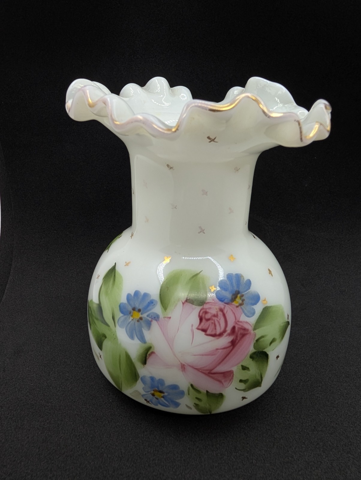 Fenton Vase Milk Glass Art Gold Star Charleton Roses Ruffled c1940-1959 5.5″